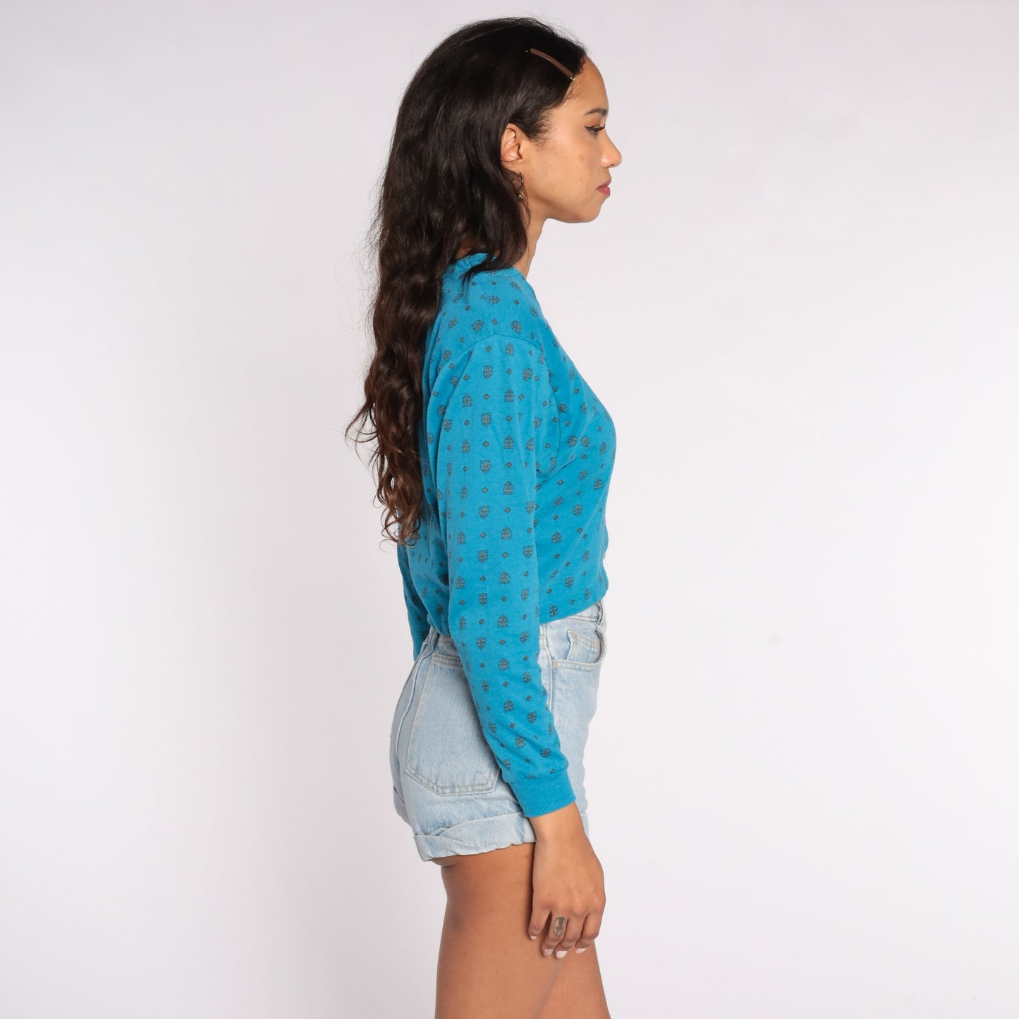 80s Turquoise Geometric Cotton Crop Top Button-Up Blouse Long Sleeve Medium