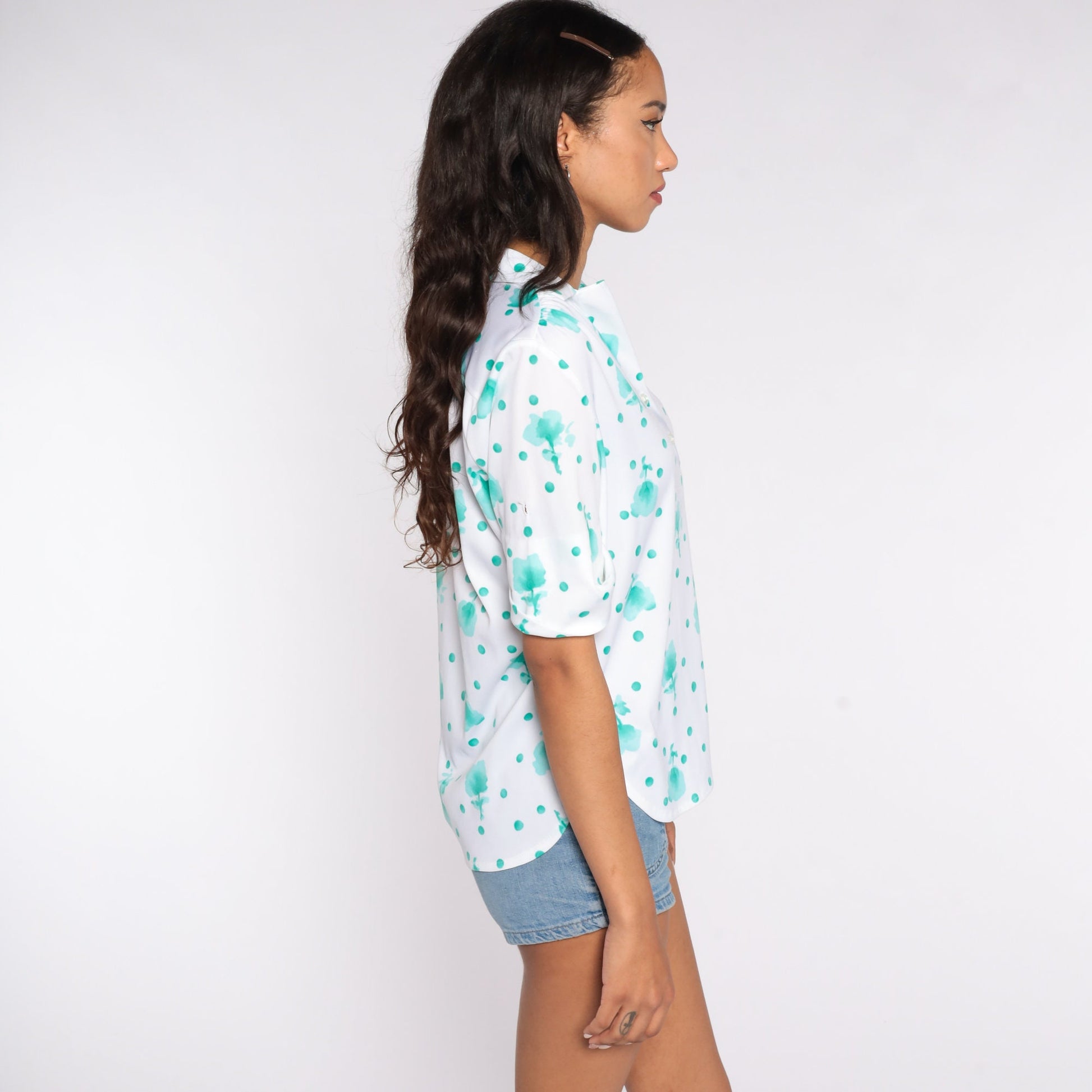 70s White Floral Print Tunic Top Short Sleeve Medium Large
