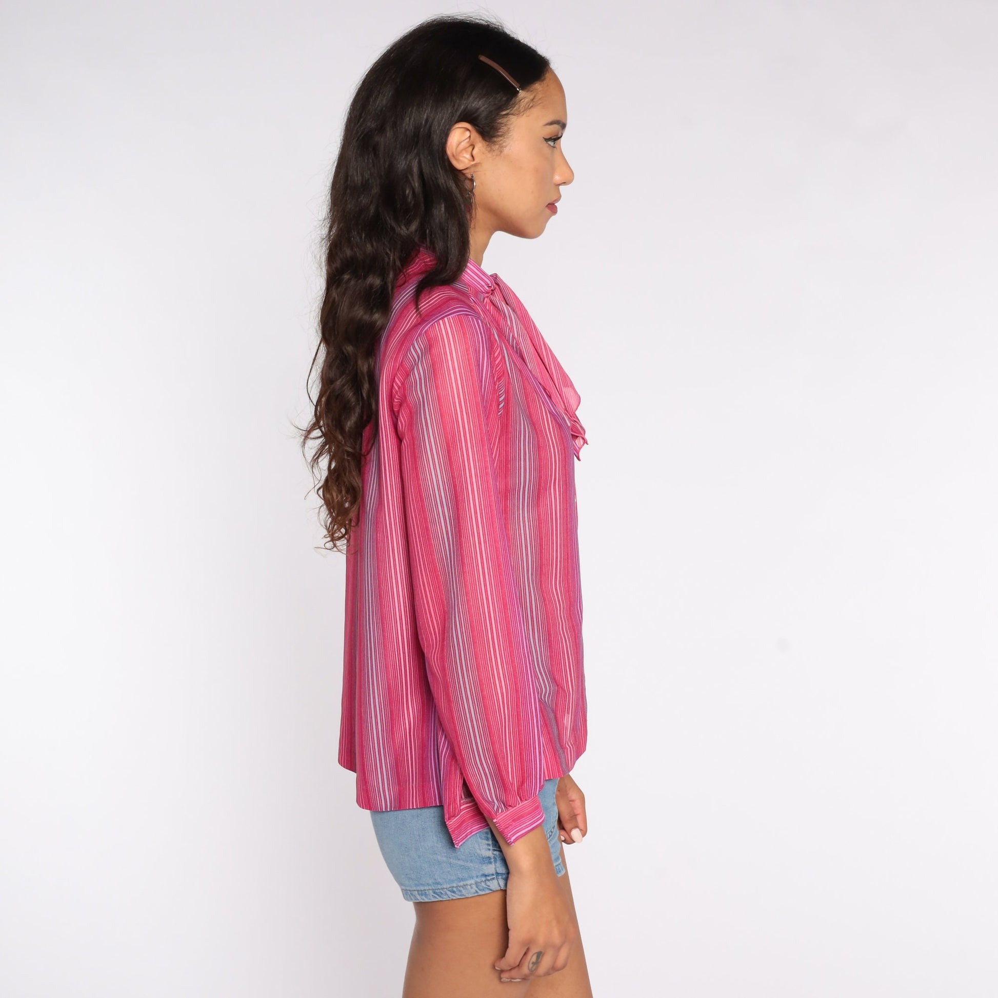 80s Striped Ascot Blouse Pink Long Sleeve Button Up Small Medium