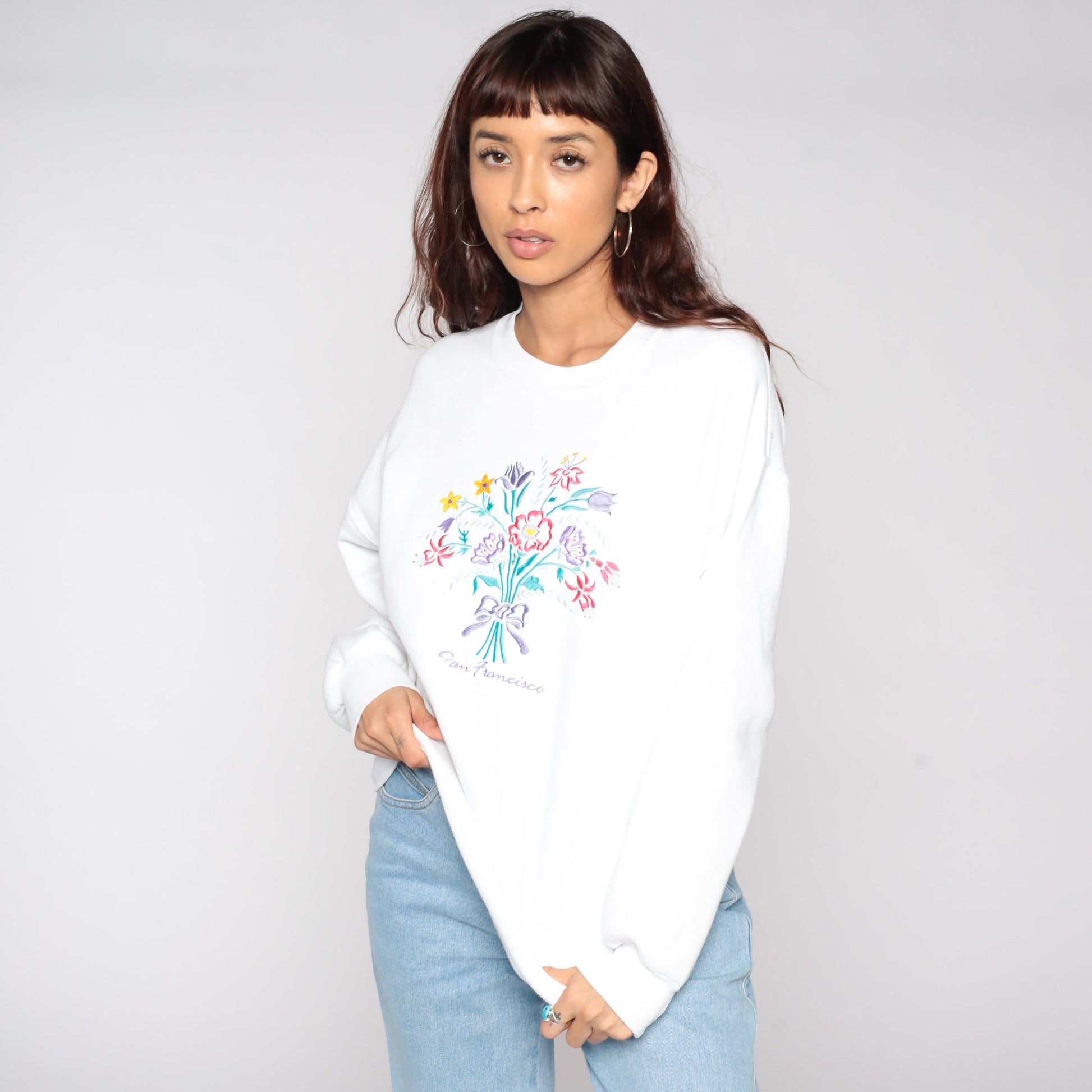 80s San Francisco Embroidered Sweatshirt White Floral Crewneck Large L
