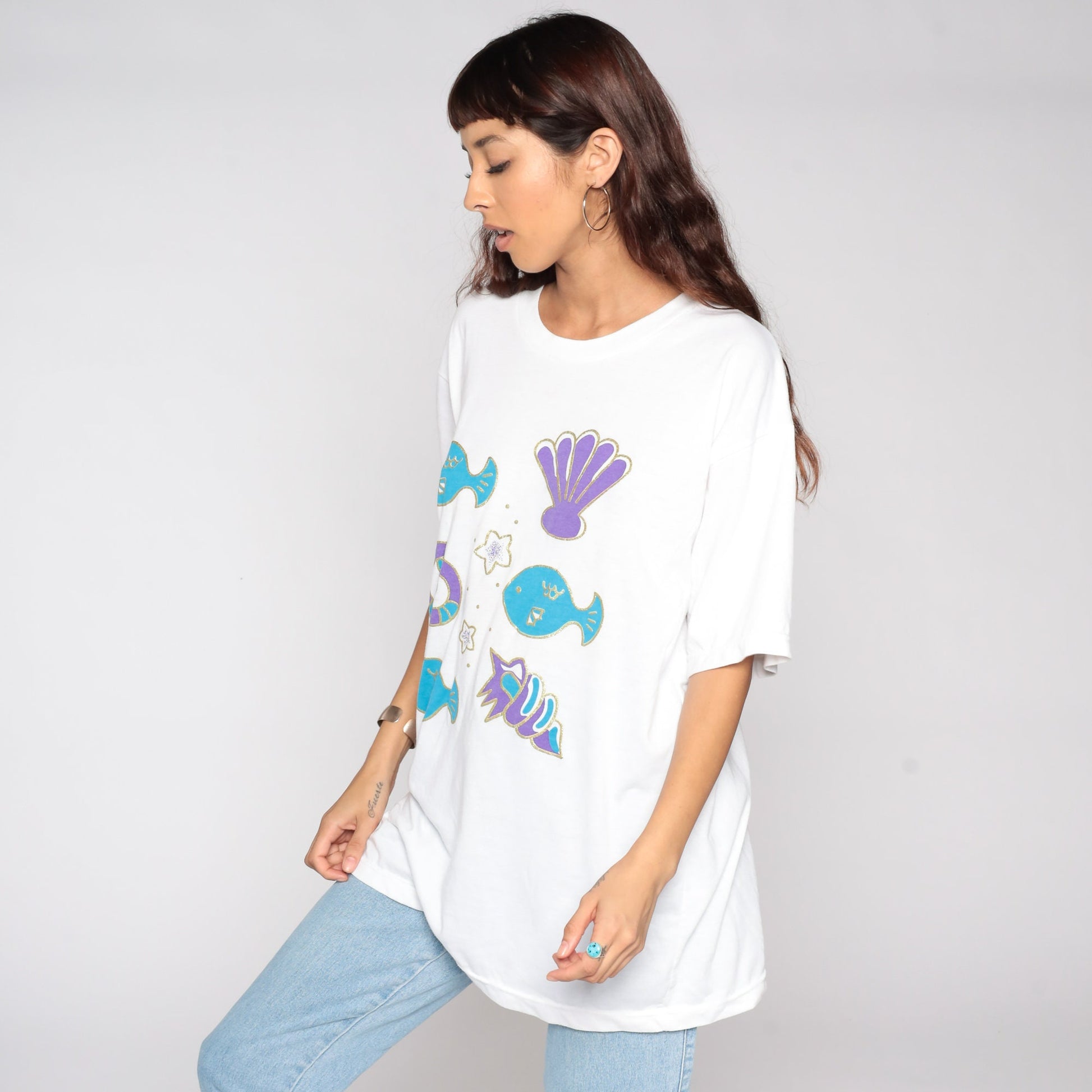 90s Fish Seashell Graphic T-Shirt Under The Sea Print Extra Large XL