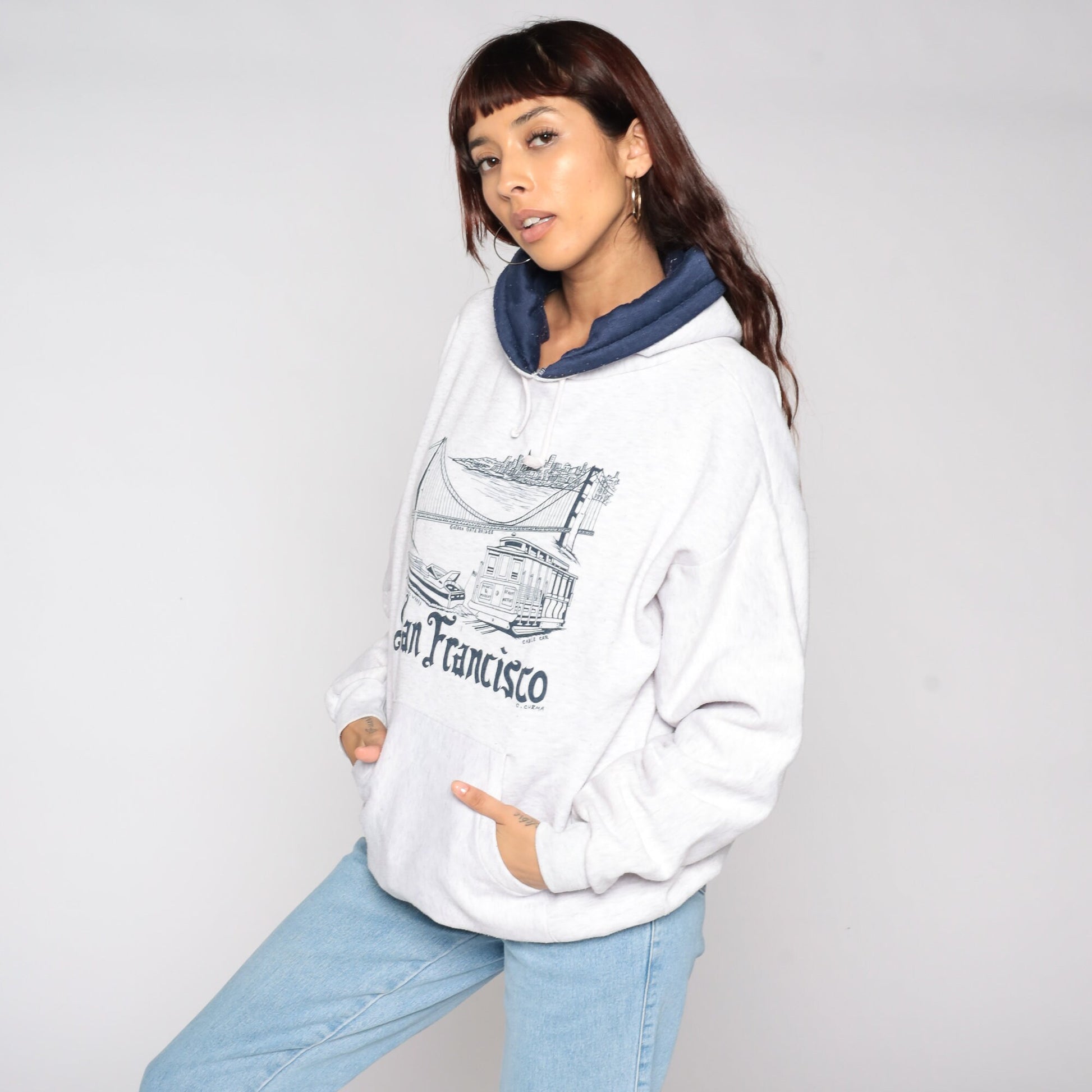 80s San Francisco Trolley Hoodie Sweatshirt Grey Cotton Blend Extra Large
