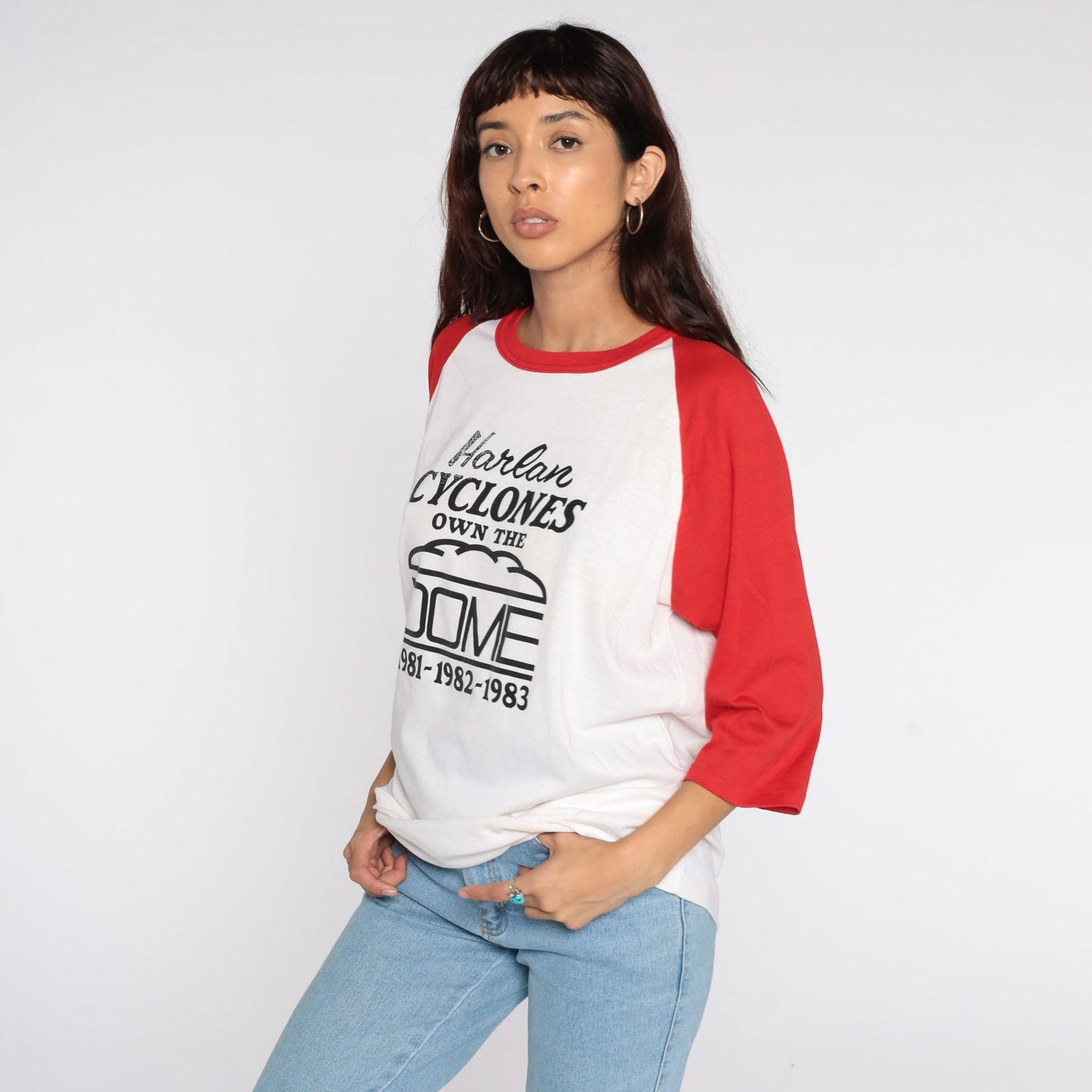 80s Harlan Cyclones Bogler Raglan Baseball Tee White Red Extra Large