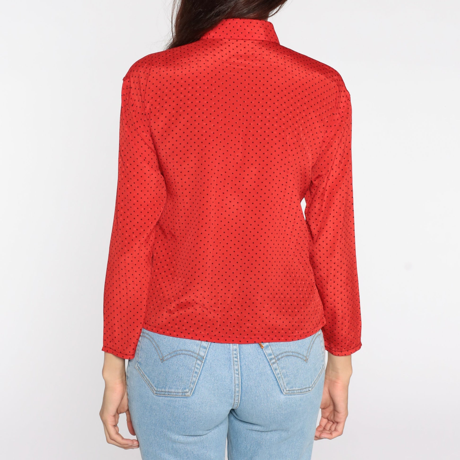 80s Red Polka Dot Button-Up Blouse Long Sleeve Small S