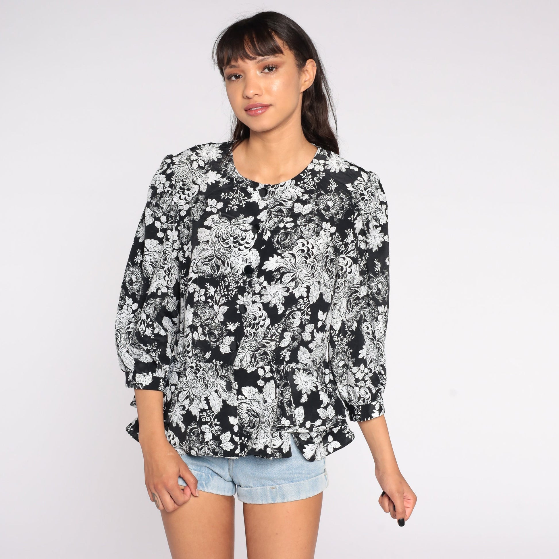 80s Floral Button Up Blouse Black White Peplum Puff Sleeve Medium Large
