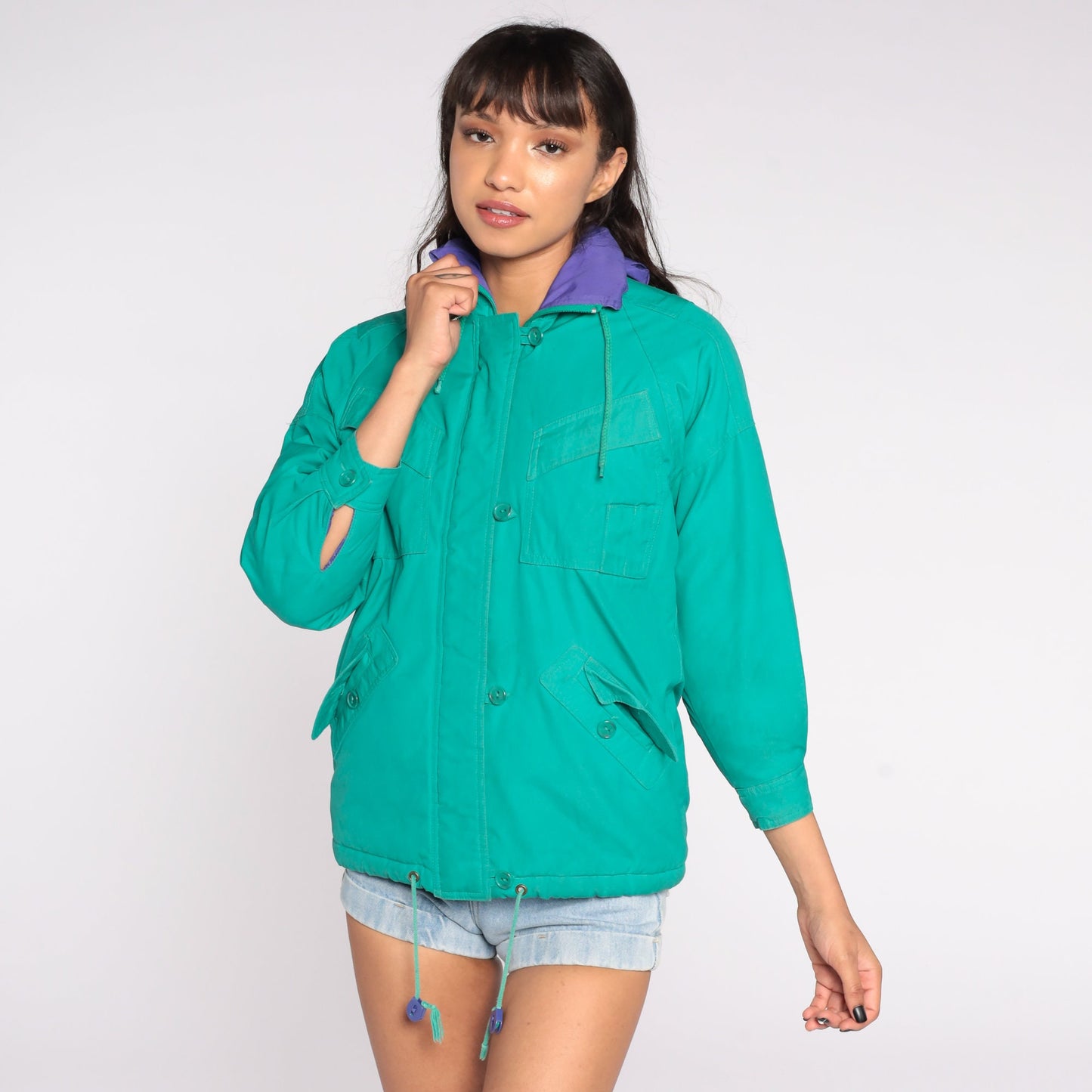 80s Green Zip-Up Jacket Cotton Blend Medium Petite