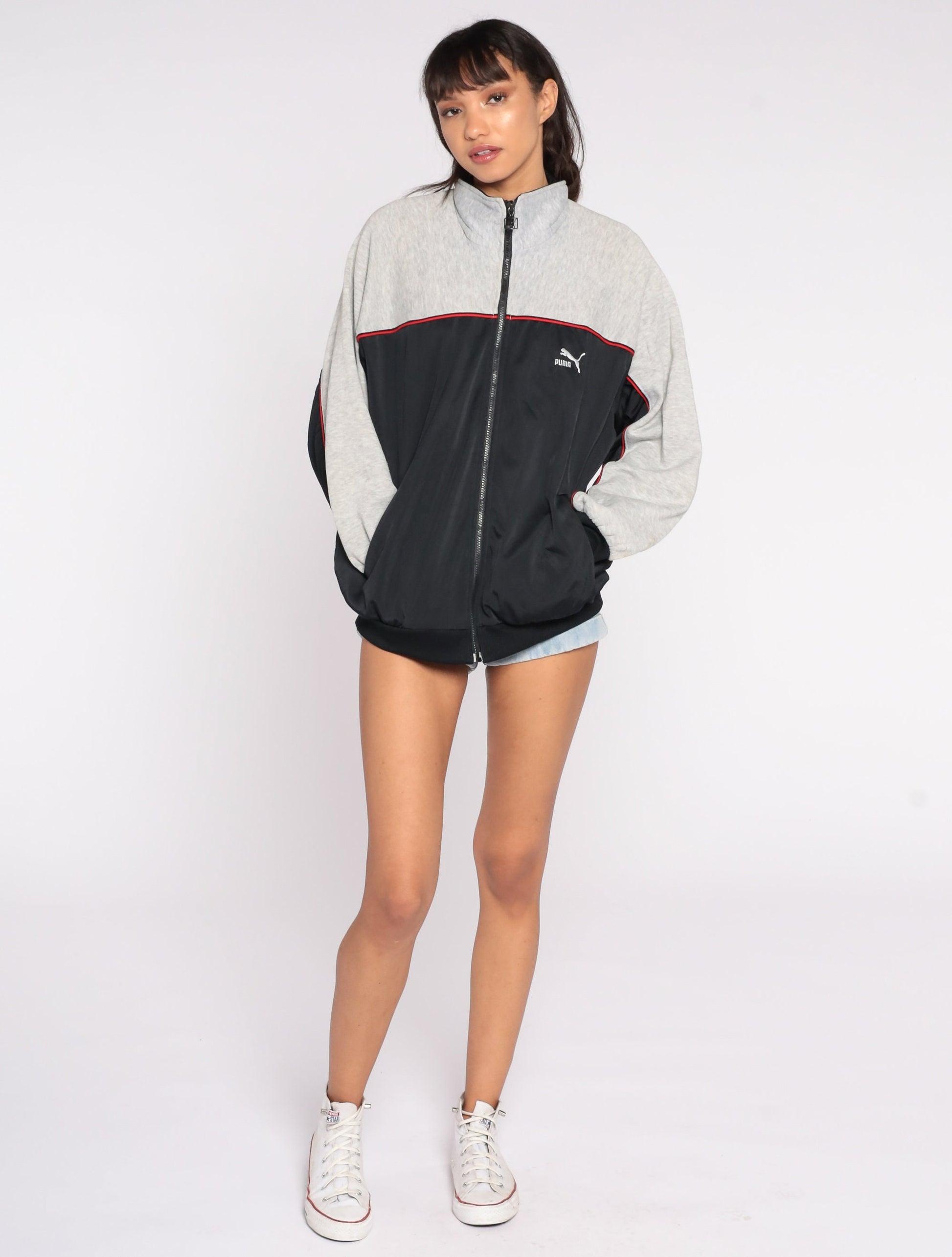 80s Puma Track Jacket Zip Up Sweatshirt Grey Black Striped Extra Large XL