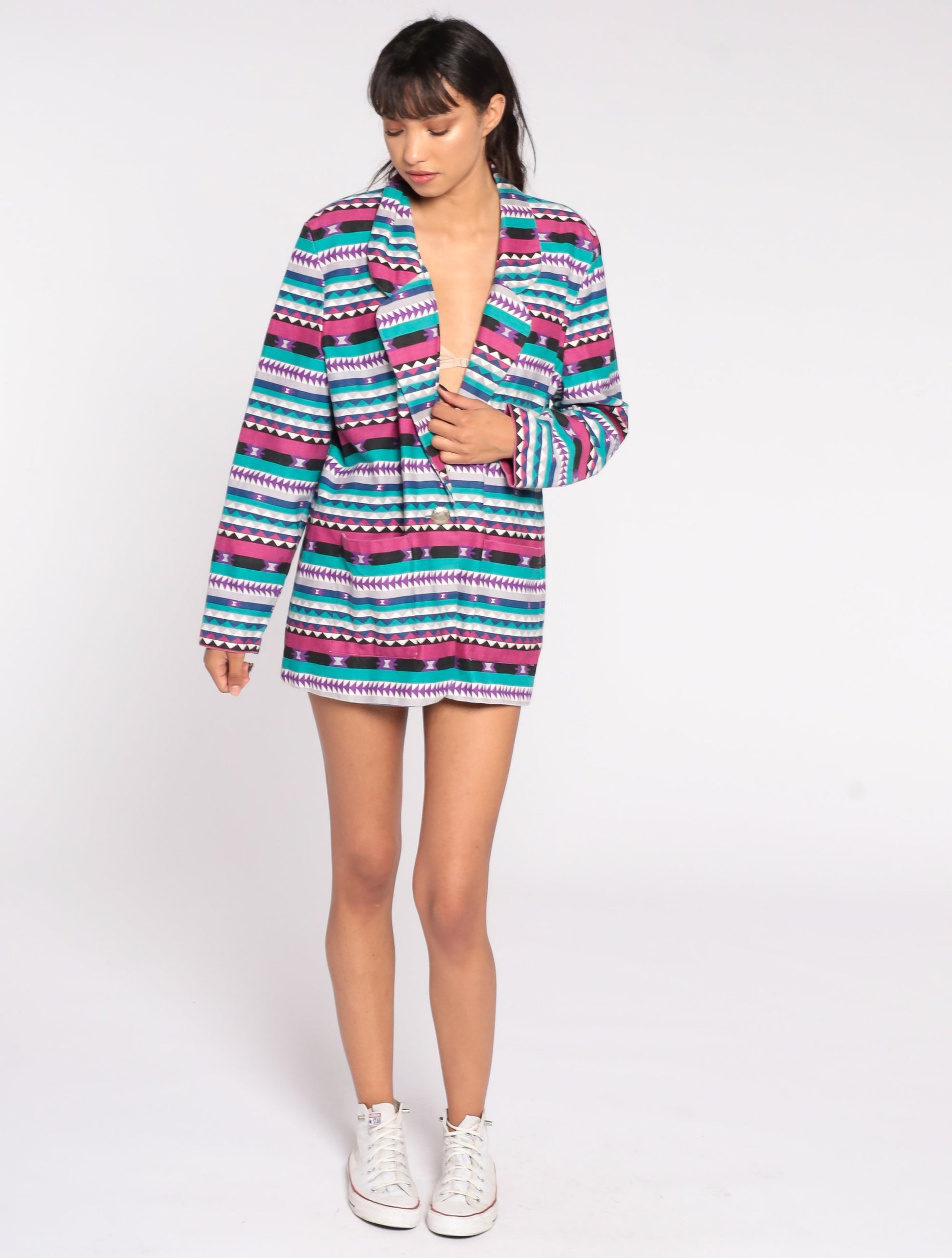 80s Southwestern Aztec Jacket Pink Turquoise Cotton Blazer Extra Large XXL