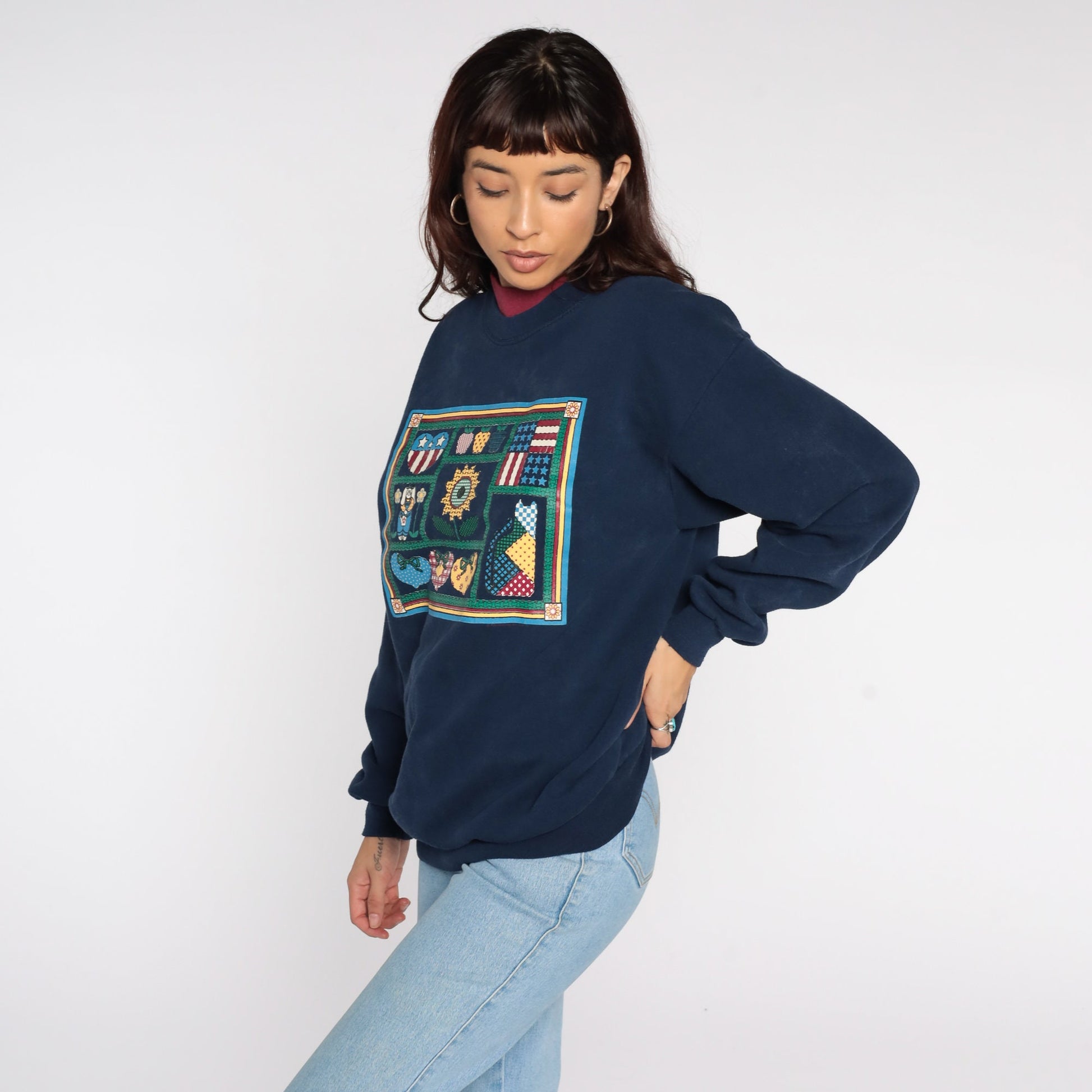 80s Country Cat Sunflower Navy Sweatshirt Graphic Animal Crewneck Large L