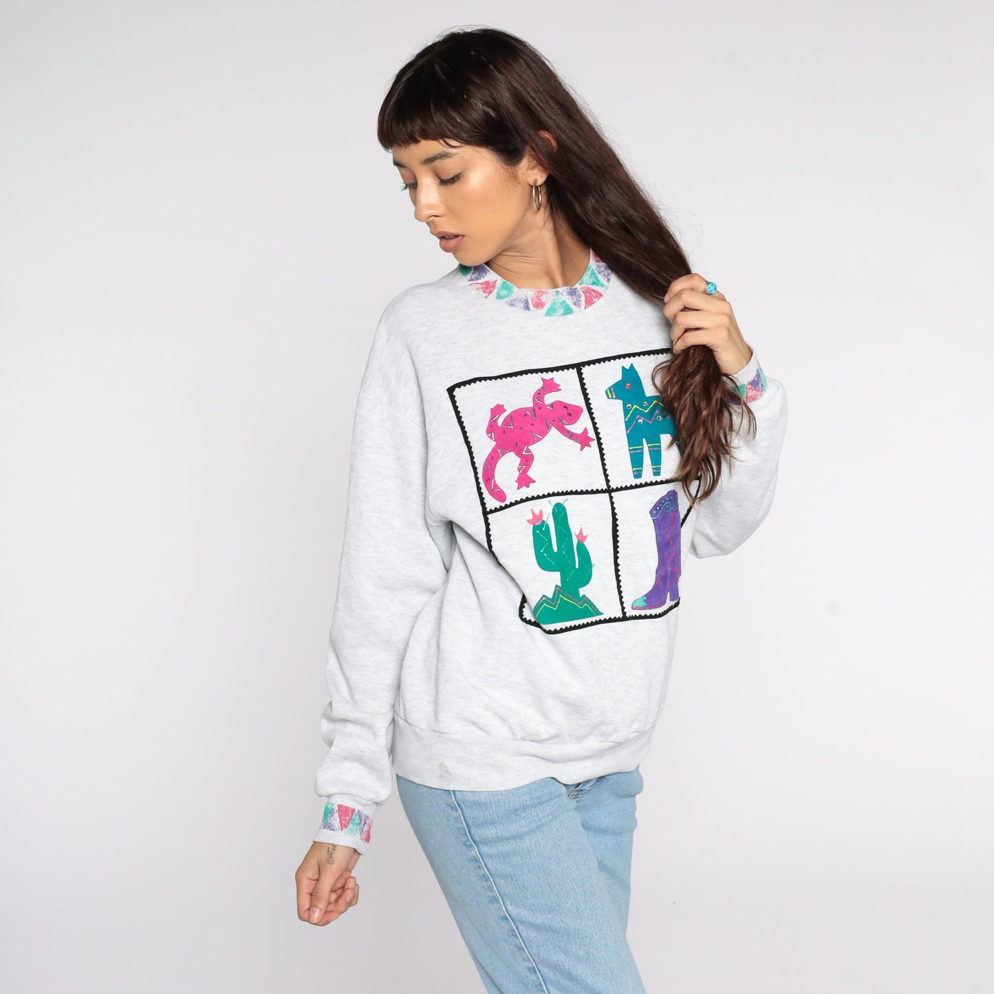 90s Southwestern Sweatshirt Cactus Coyote Gecko Grey Crewneck Medium