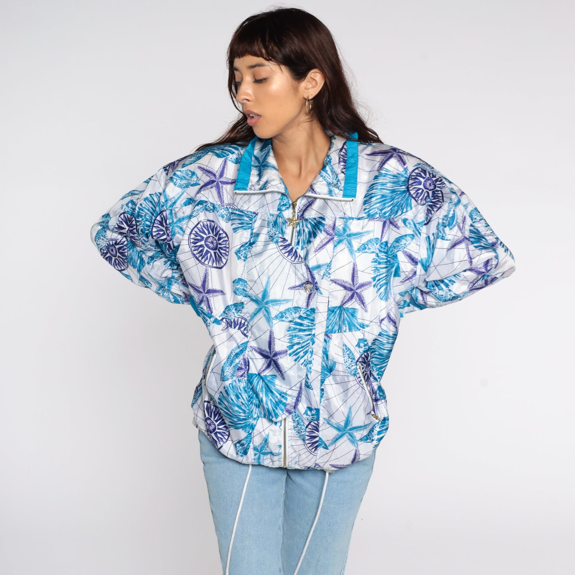 90s Seashell Nautical Windbreaker Jacket Purple Blue Zip Medium