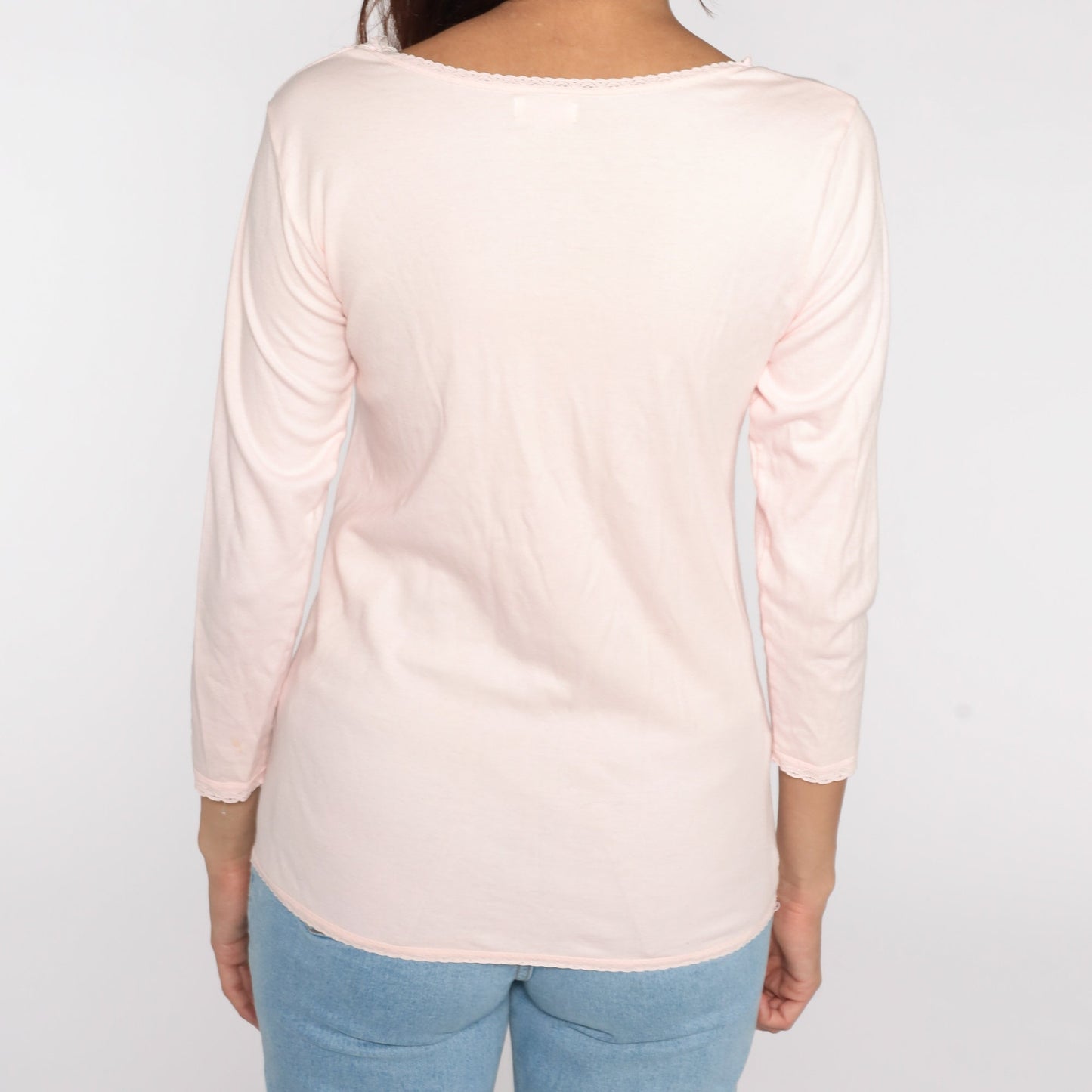 80s Baby Pink Long Sleeve Tee Lace Trim Cotton Blend Medium