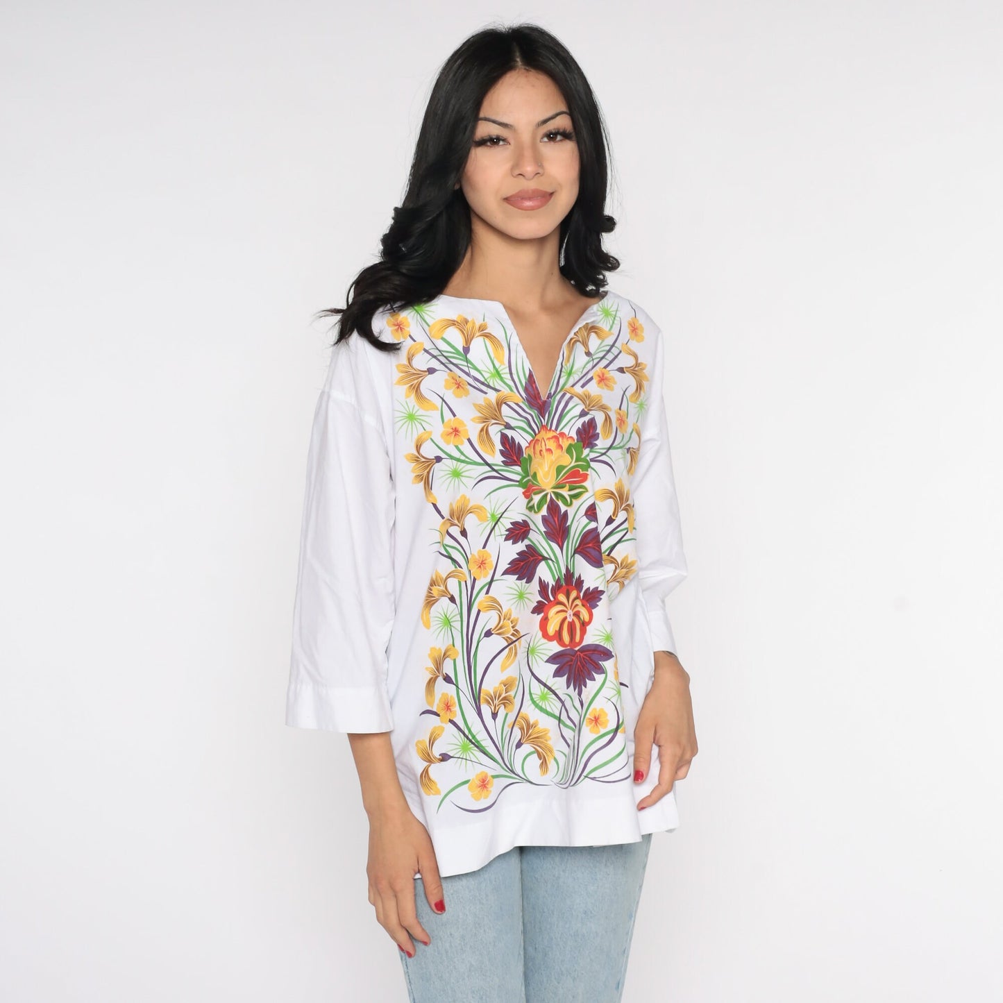90s White Floral Tunic Blouse Cotton Long Sleeve Top Medium