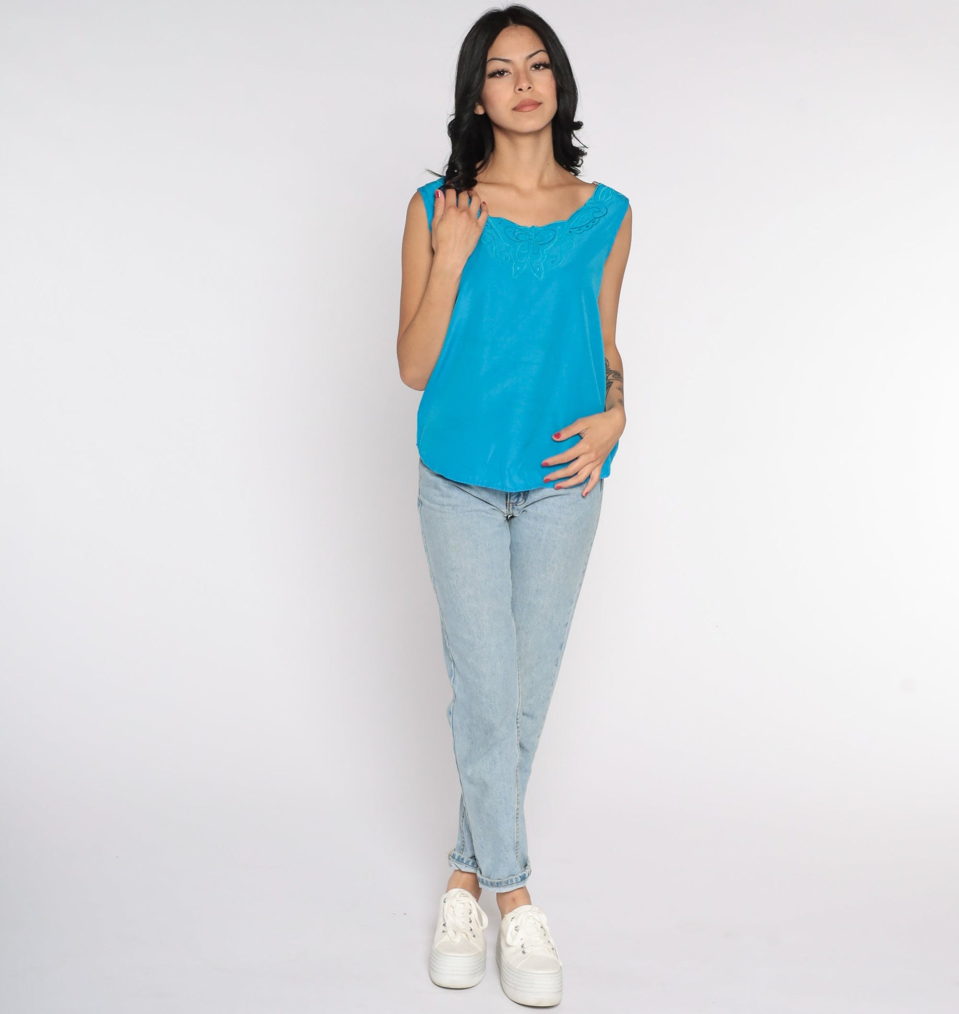 80s Blue Linen Tank Top Embroidered Butterfly Sleeveless Blouse Small