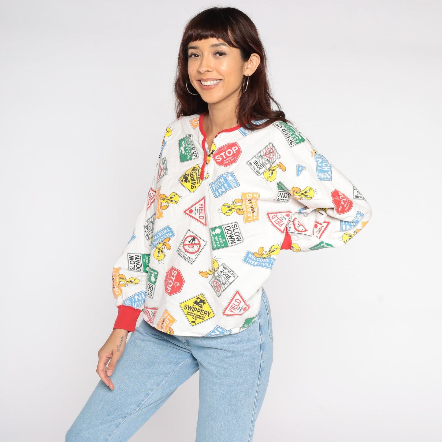 90s Looney Tunes Tweety Bird Pajama Shirt Cotton Long Sleeve Medium