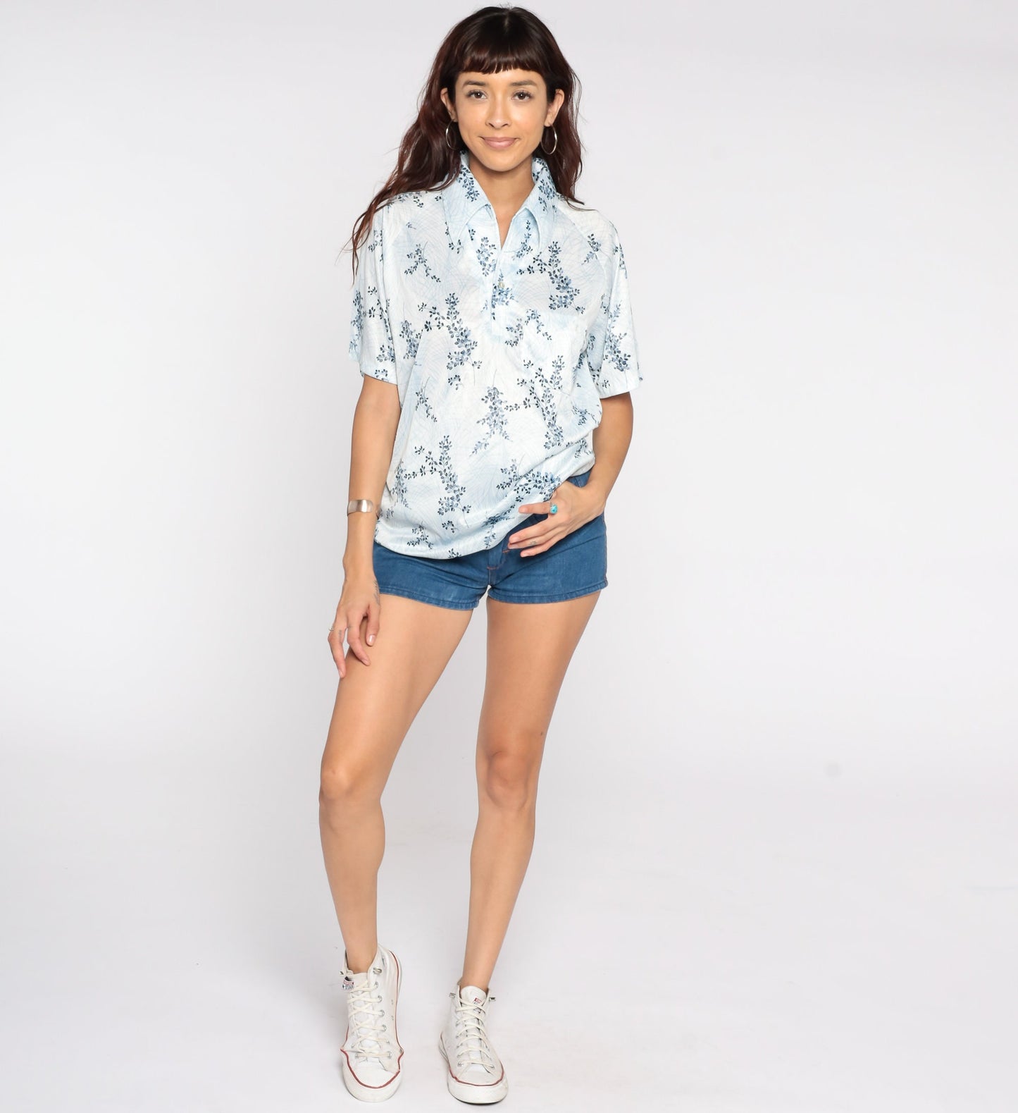 70s Blue Floral Button-Up Shirt Short Sleeve Collar Leaf Print Men's Medium