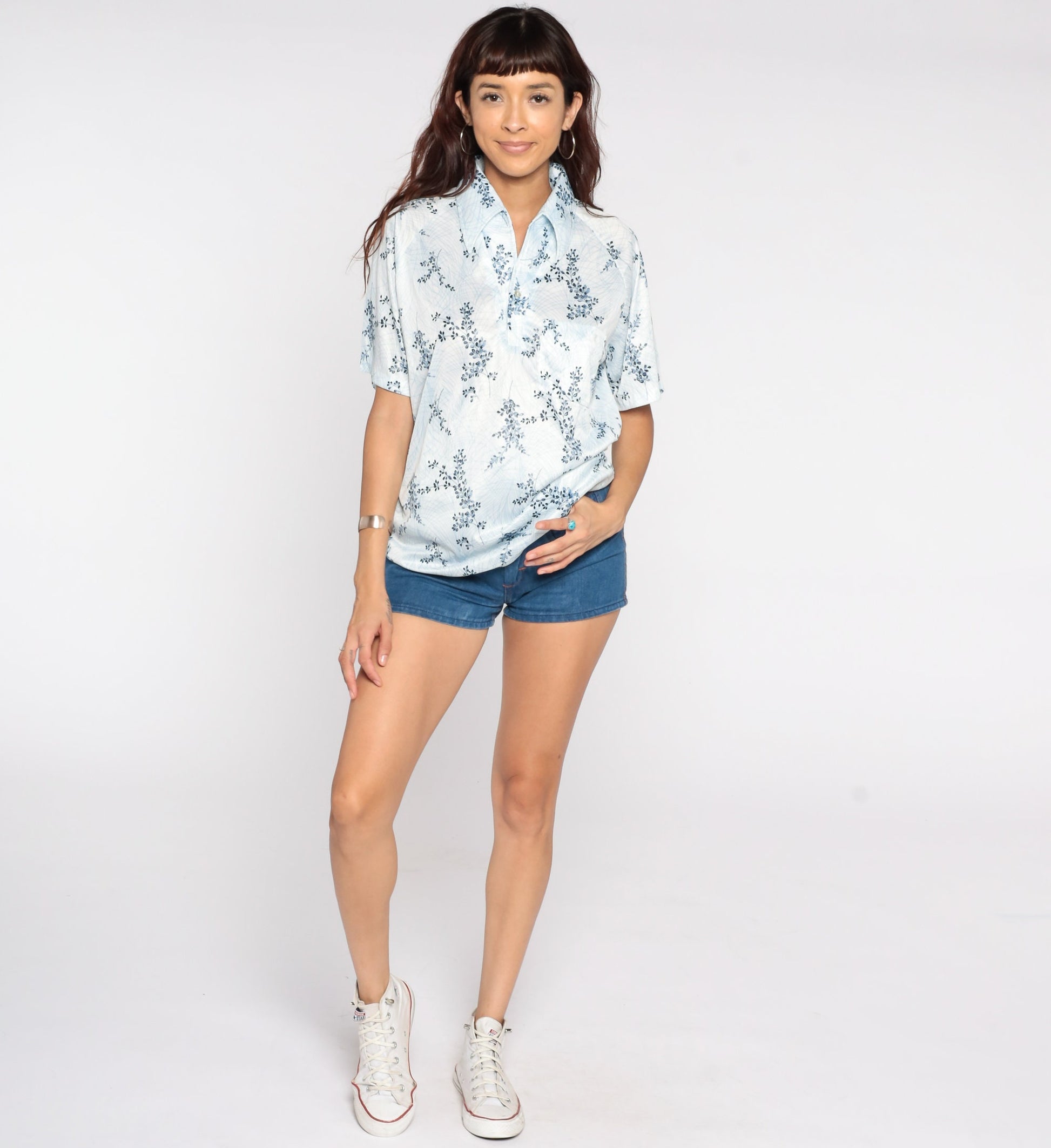 70s Blue Floral Button-Up Shirt Short Sleeve Collar Leaf Print Men's Medium