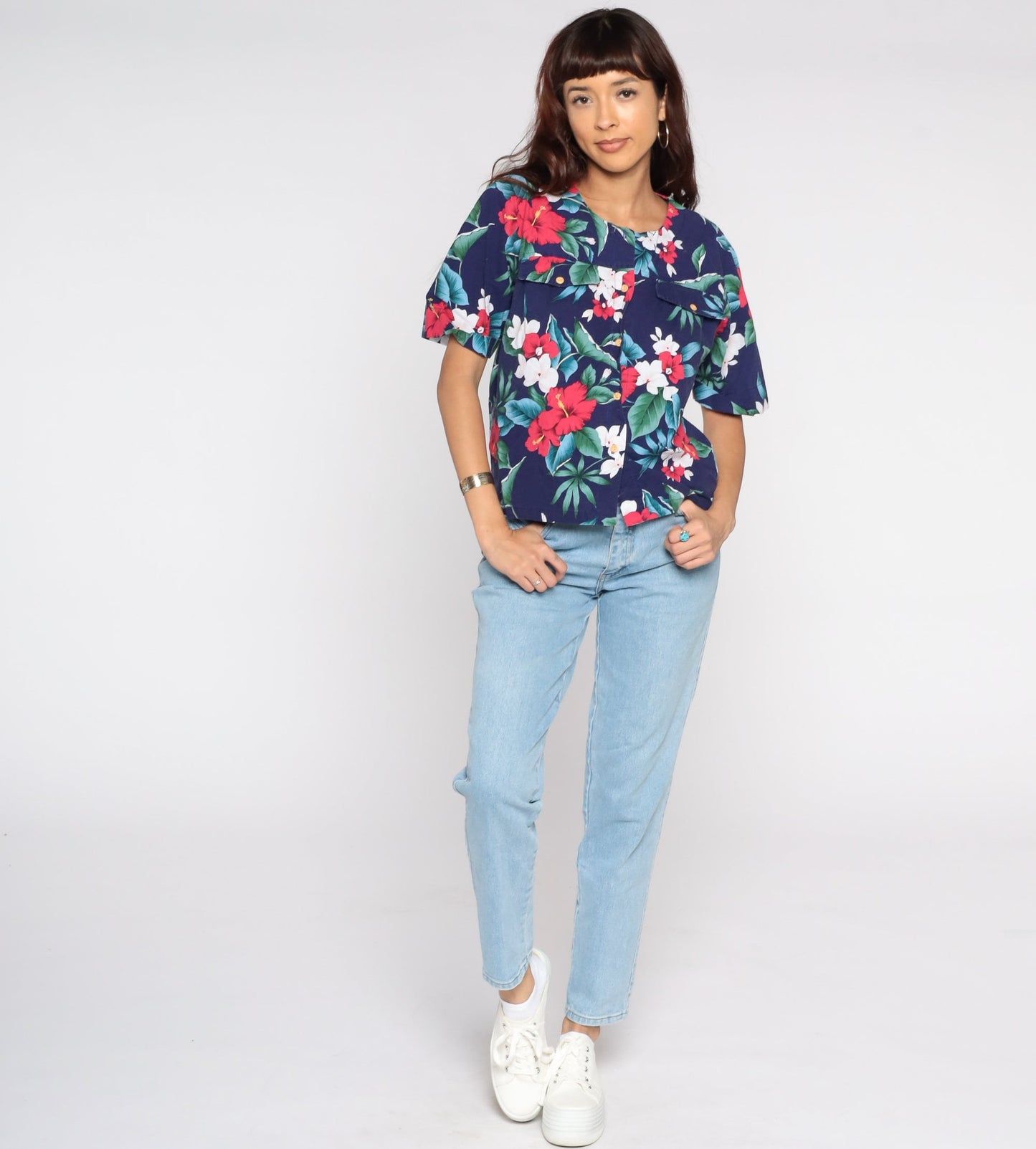 80s Tropical Floral Button-Up Blouse Short Sleeve Blue Medium Large