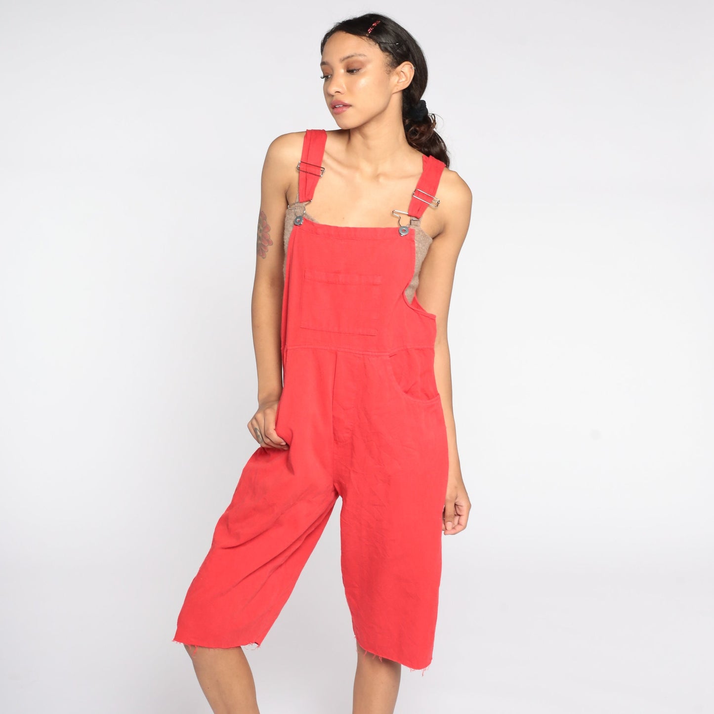 90s Red Cotton Overall Shorts Frayed Cutoff Bib Dungarees Large