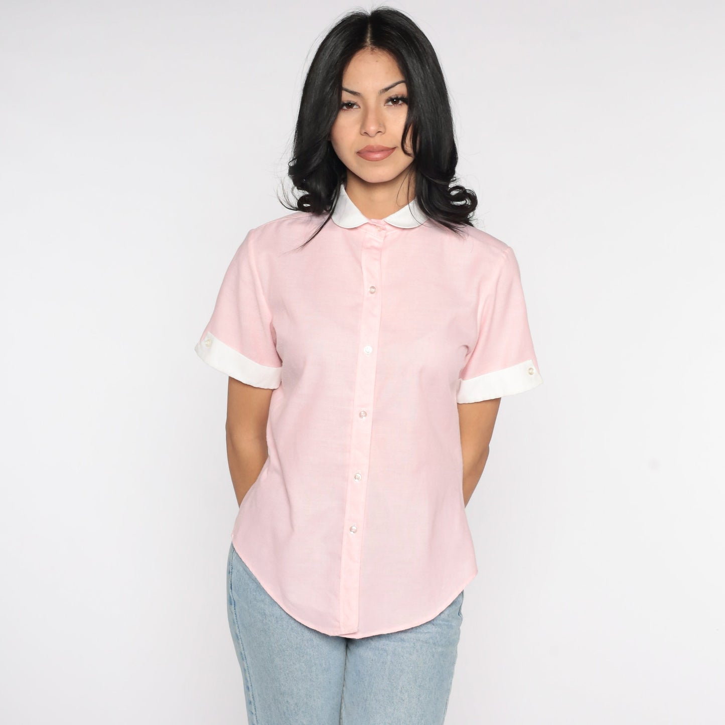 80s Baby Pink Peter Pan Collar Button-Up Blouse Short Sleeve Medium