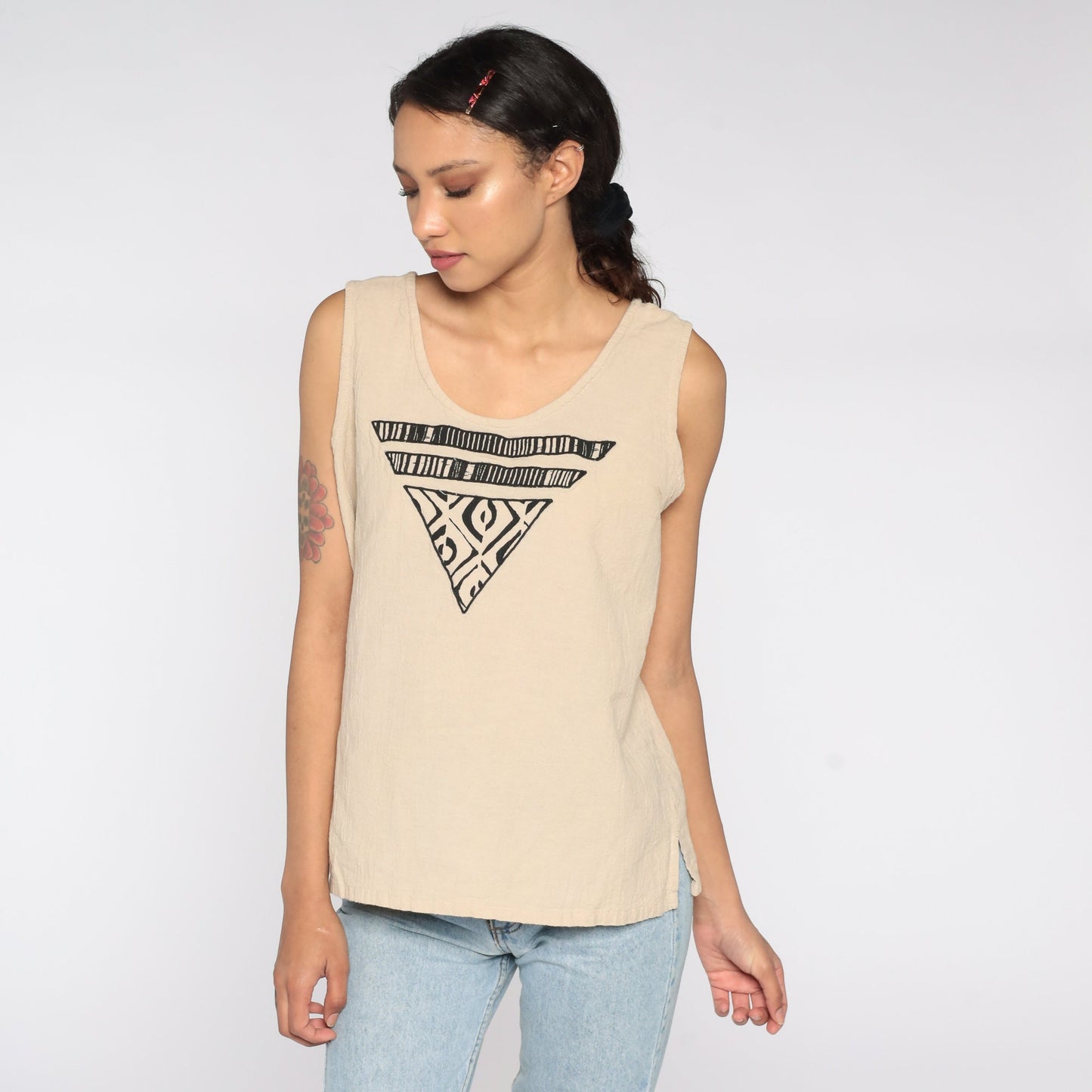 90s Geometric Tank Top Tan Striped Diamond Print Sleeveless Medium