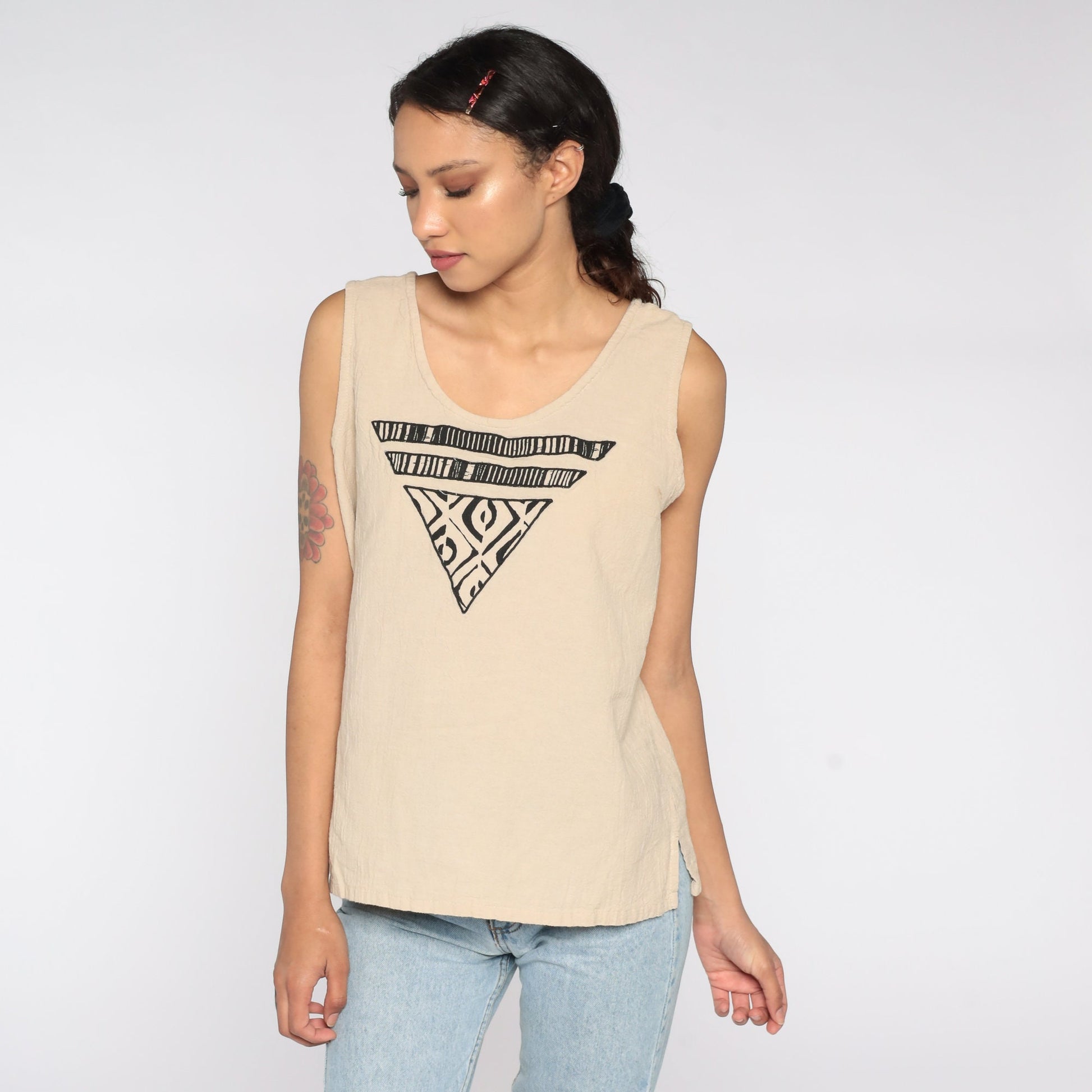 90s Geometric Tank Top Tan Striped Diamond Print Sleeveless Medium