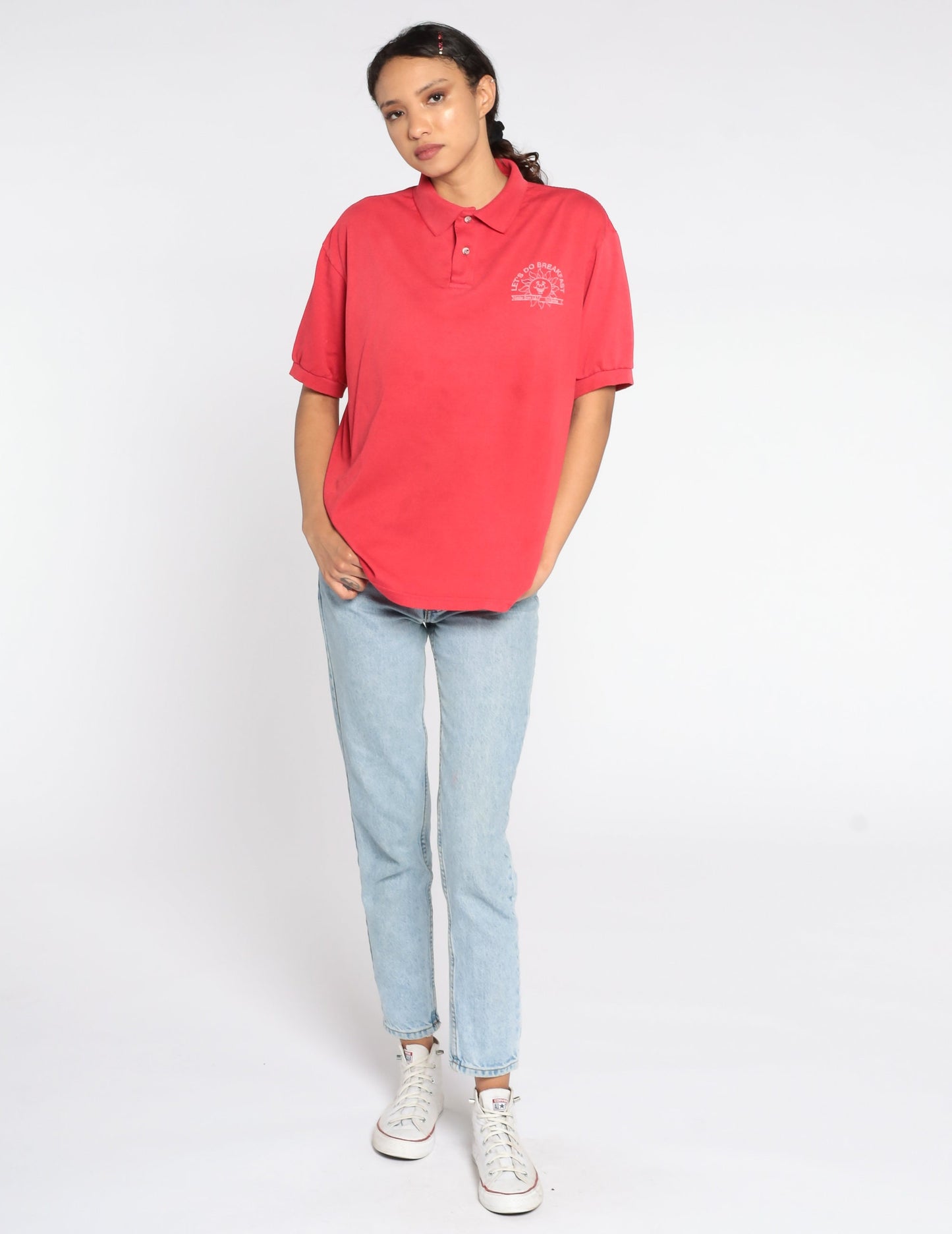 80s Garden Grove USD Food Services Polo Shirt Red Half Button Large