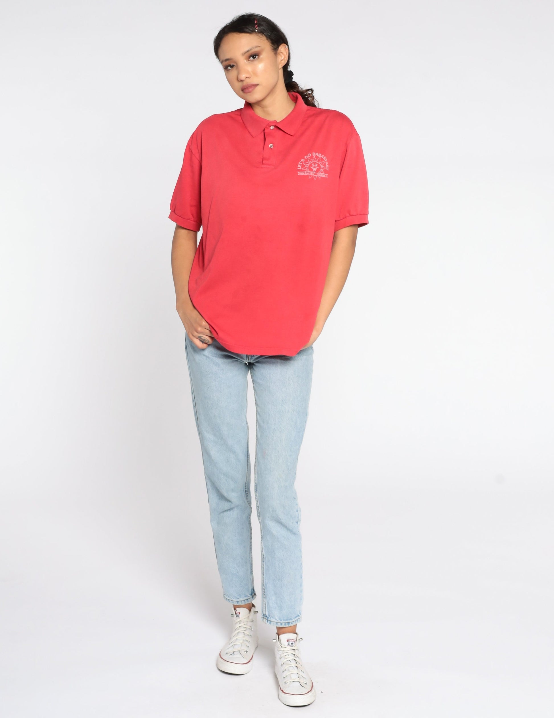 80s Garden Grove USD Food Services Polo Shirt Red Half Button Large