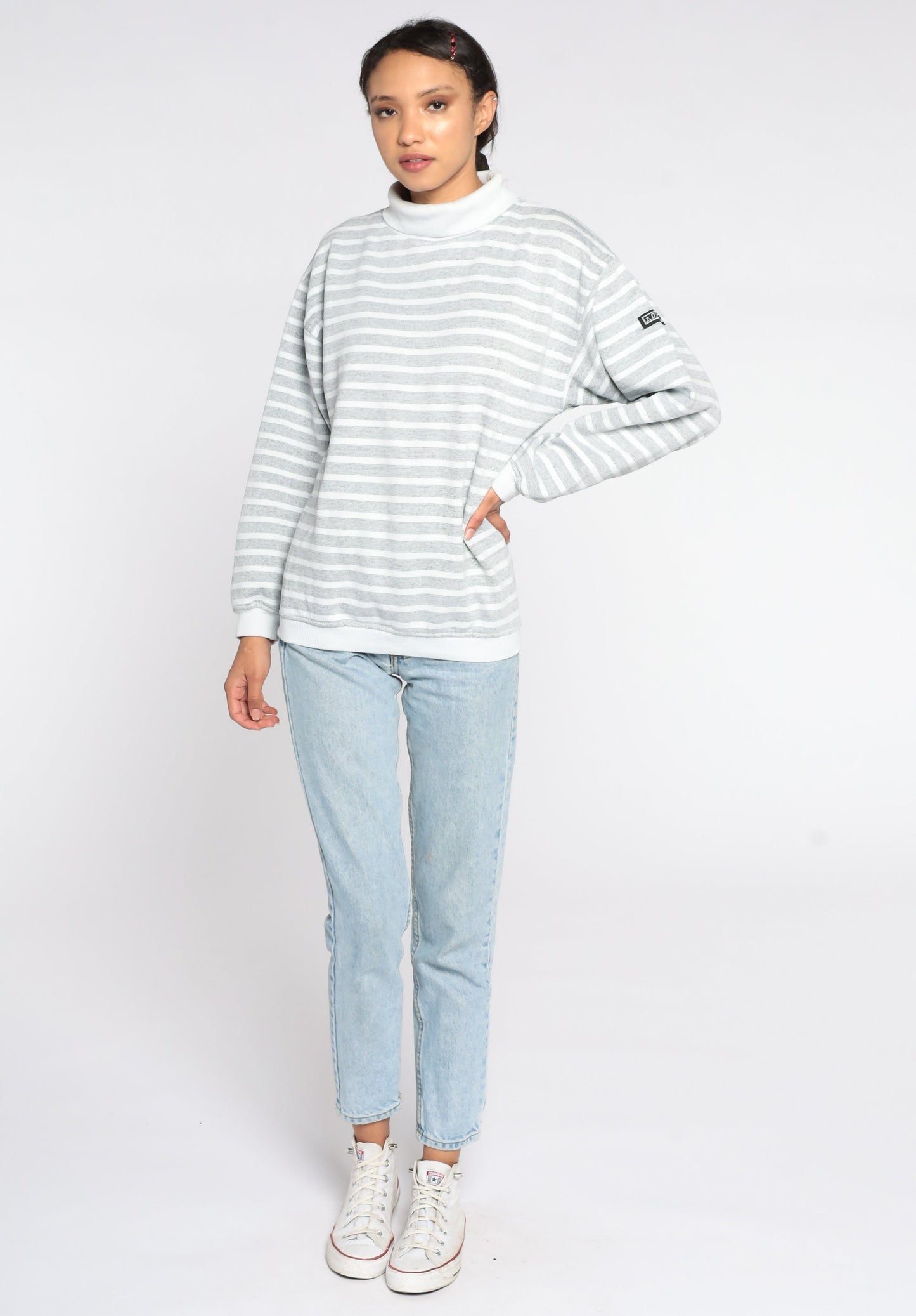 80s Striped Mock Neck Sweatshirt White Grey Pullover Medium