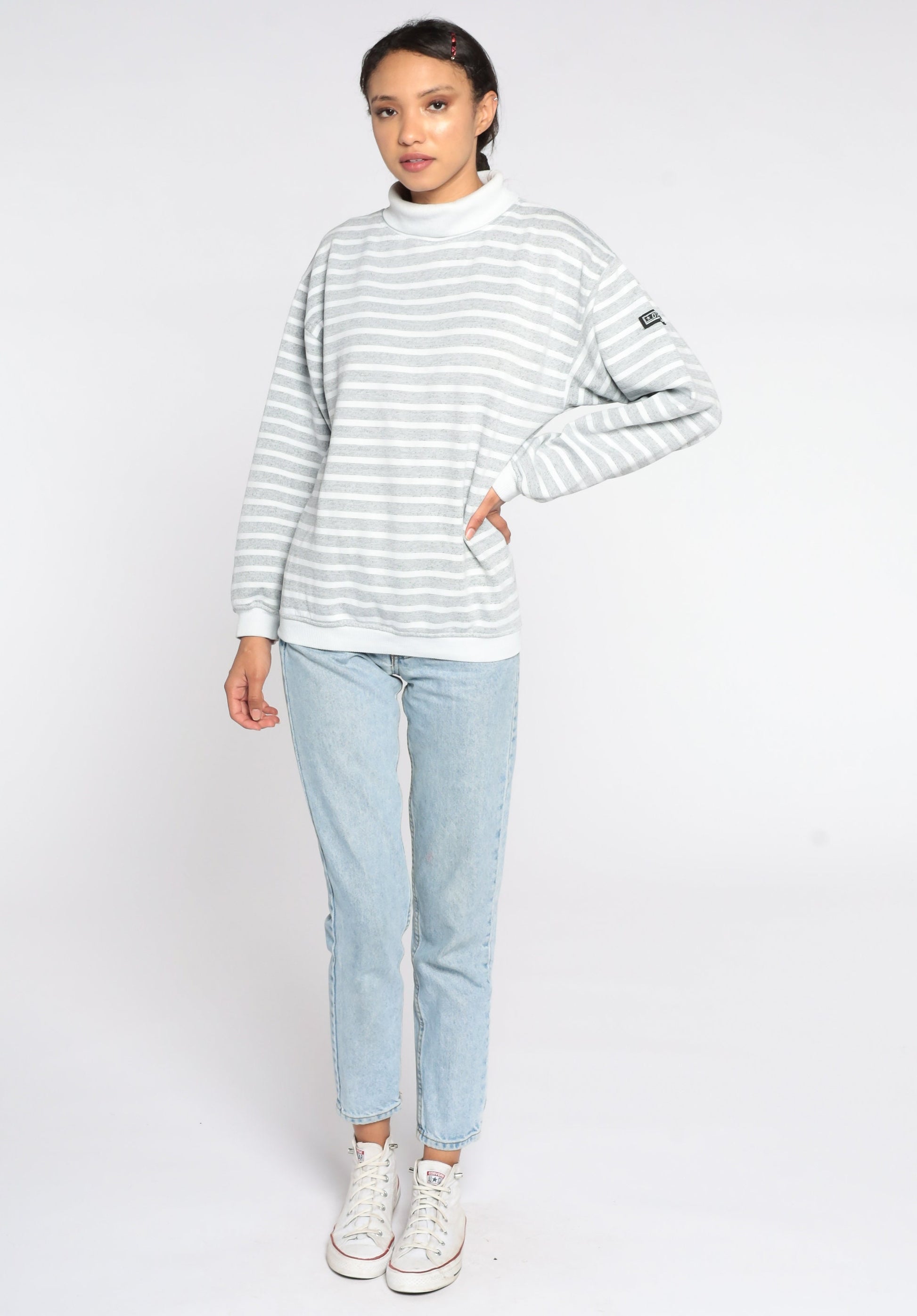 80s Striped Mock Neck Sweatshirt White Grey Pullover Medium