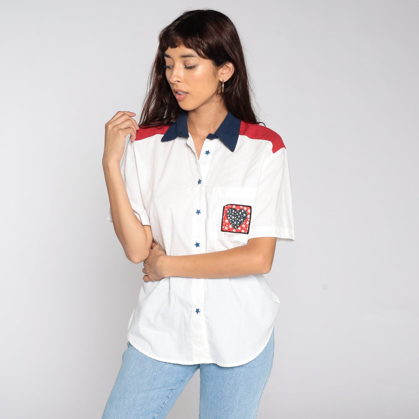 80s Heart Print Button Up Blouse White Short Sleeve Star Buttons Small