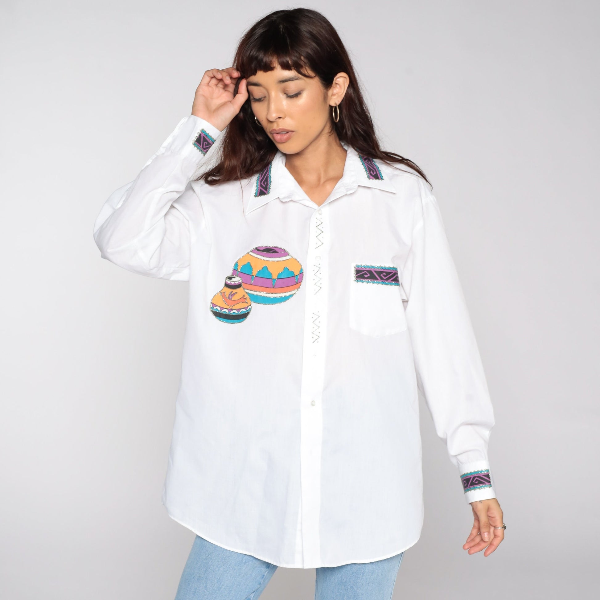 90s Southwestern Print Button Up Shirt White Gold Glitter Large