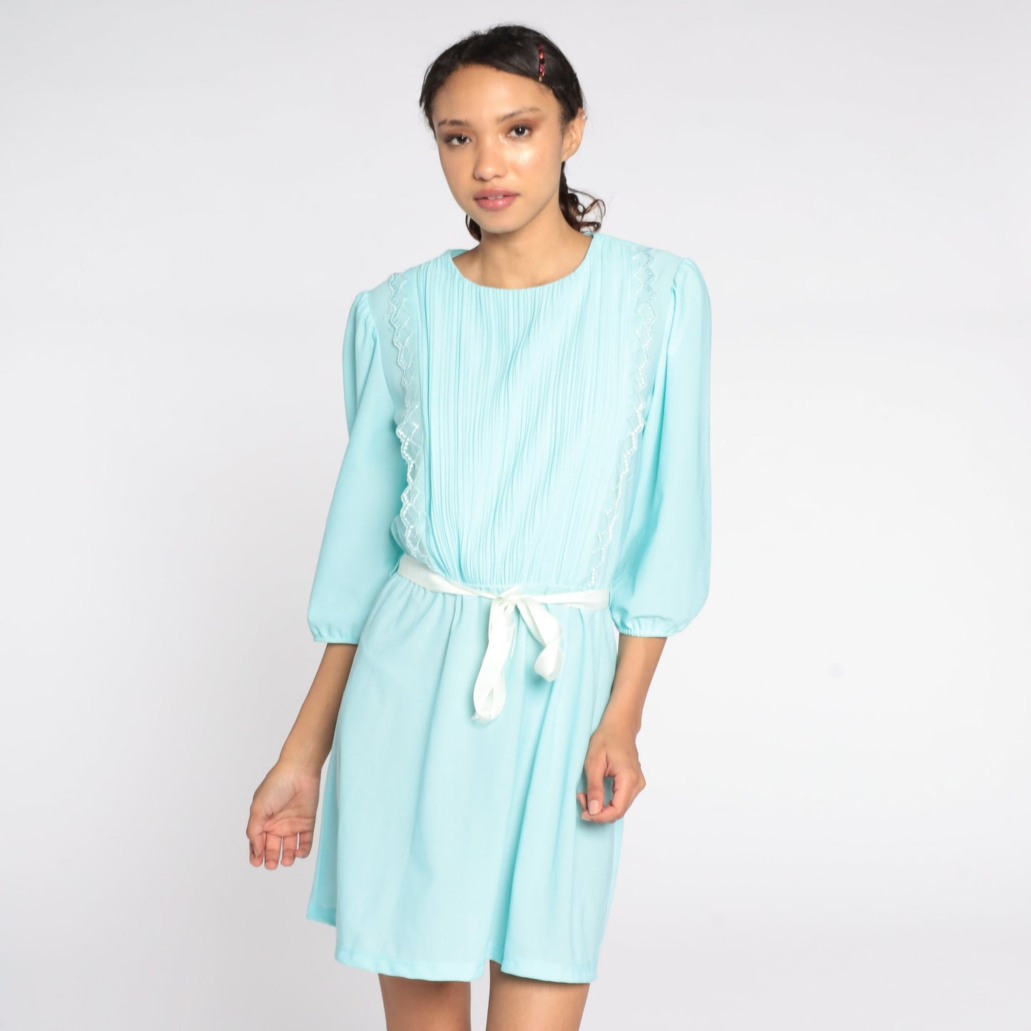 80s Blue Puff Sleeve Mini Dress Pleated High Waist Medium