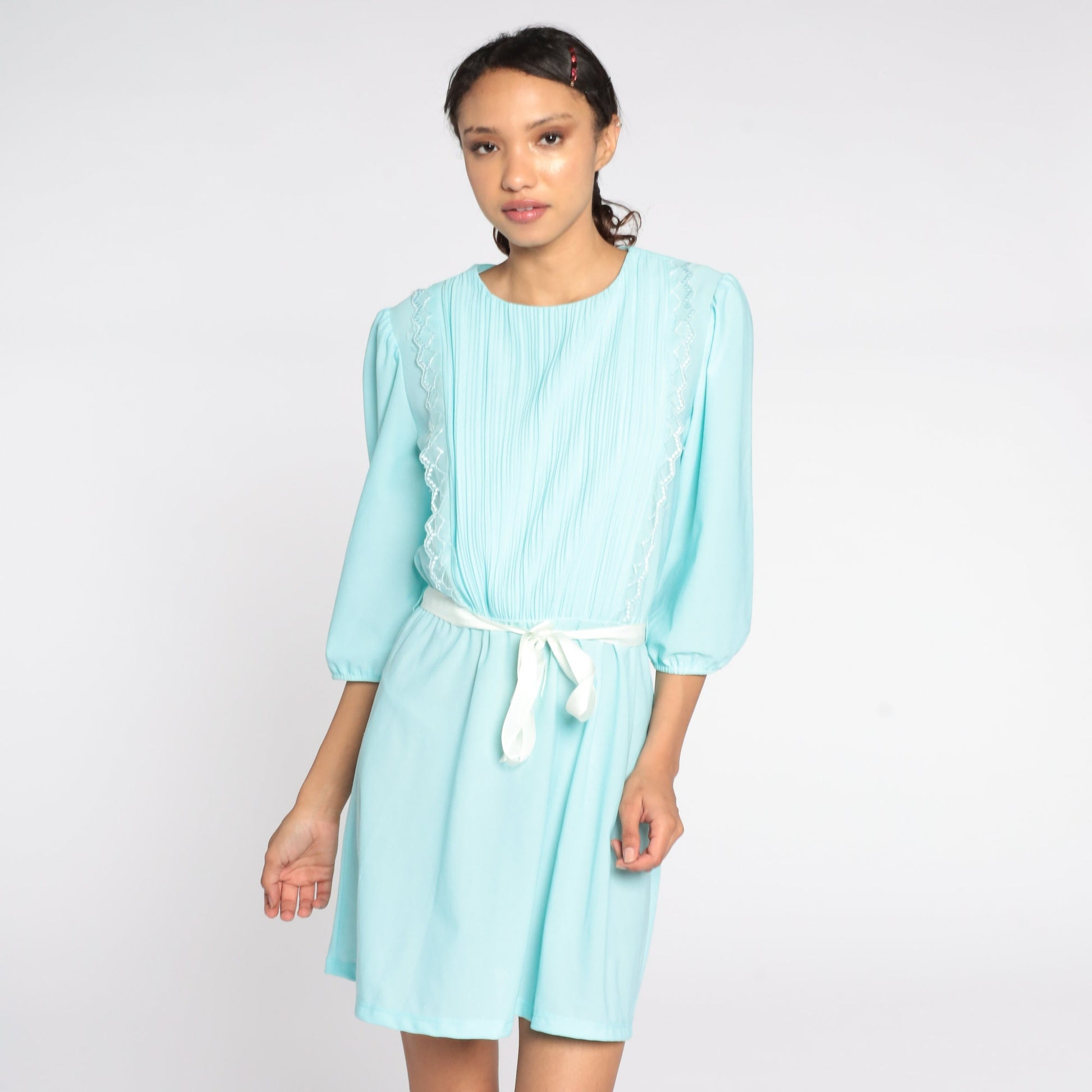 80s Blue Puff Sleeve Mini Dress Pleated High Waist Medium
