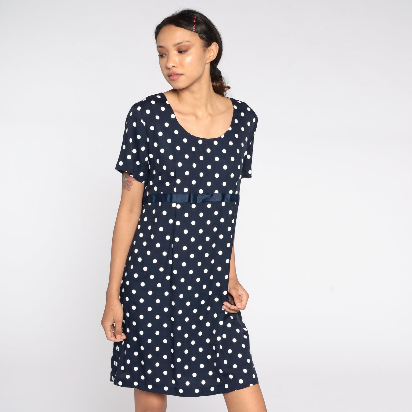 90s Navy Polka Dot Maternity Shift Dress White Mini Short Sleeve Medium