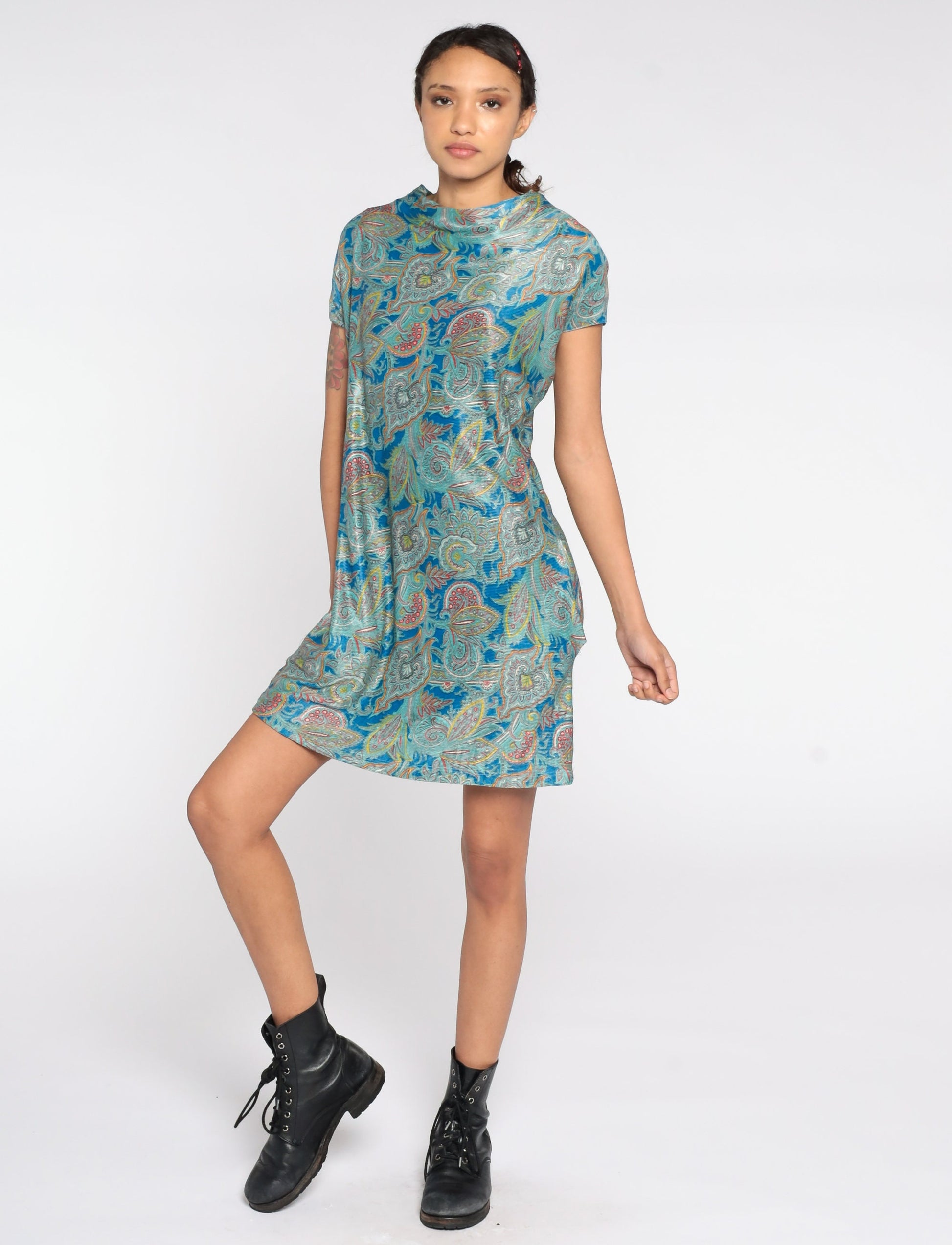 1960s Paisley Psychedelic Mini Shift Dress Blue Cap Sleeve Medium