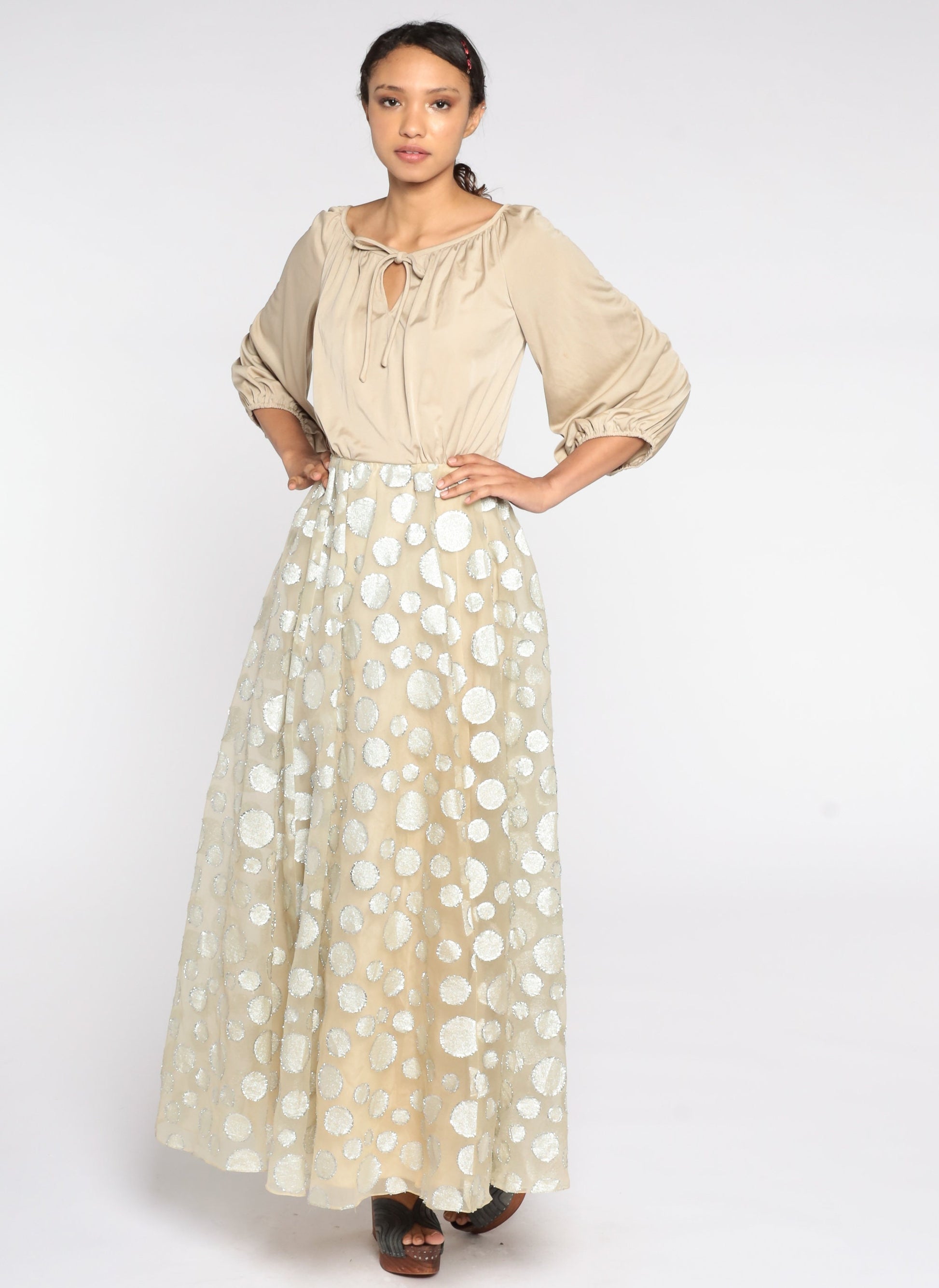 70s Beige Maxi Dress Silver Metallic Circle Skirt Long Sleeve High Waist Small