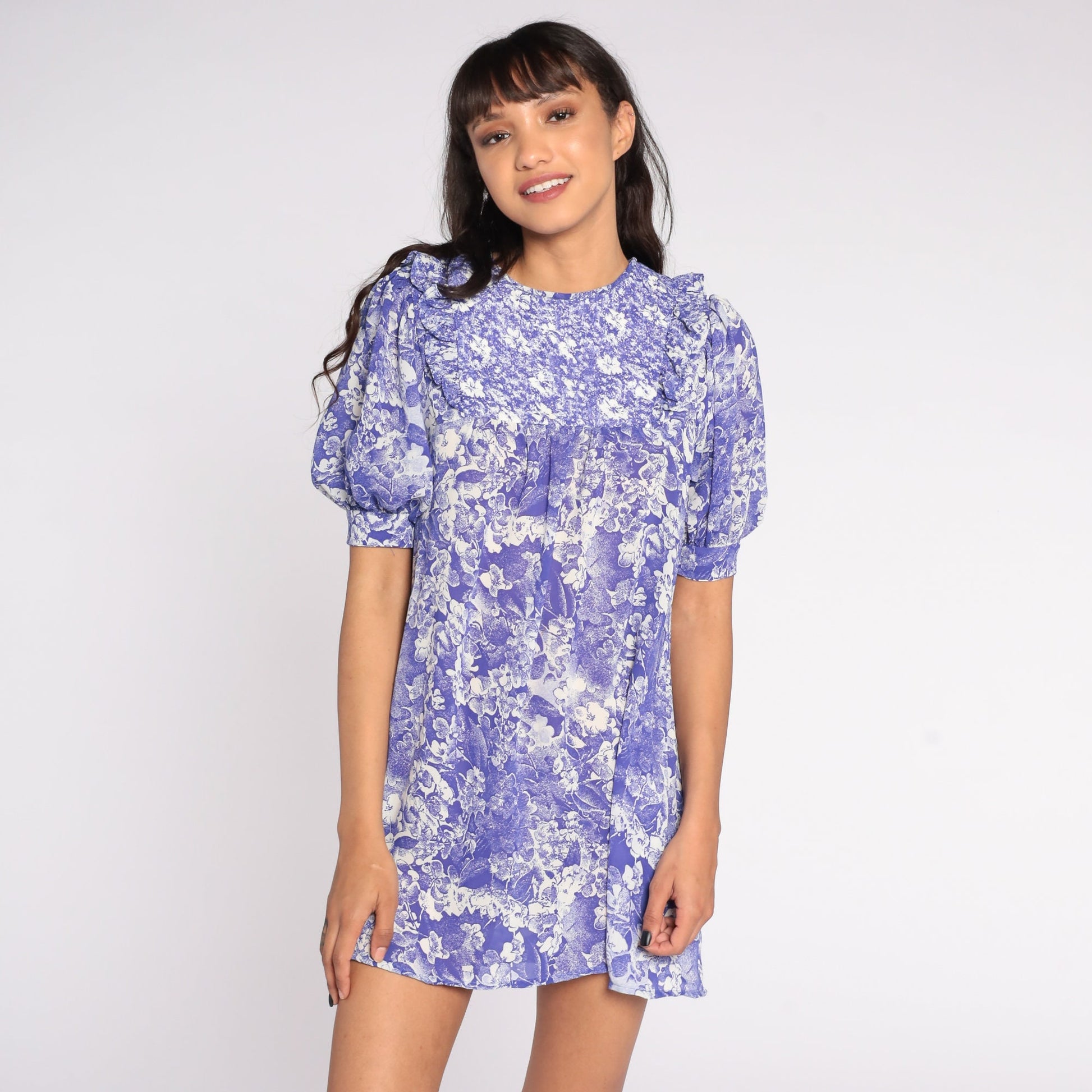 70s Mako Hawaii Floral Mini Dress Puff Sleeve Tent Cut Purple Small