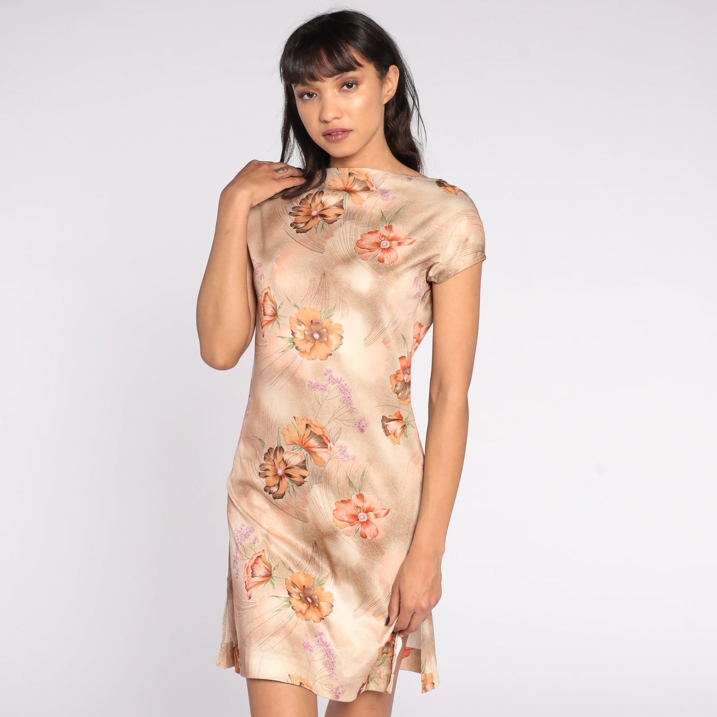 70s Floral Mini Dress Brown Cap Sleeve Sheath Extra Small