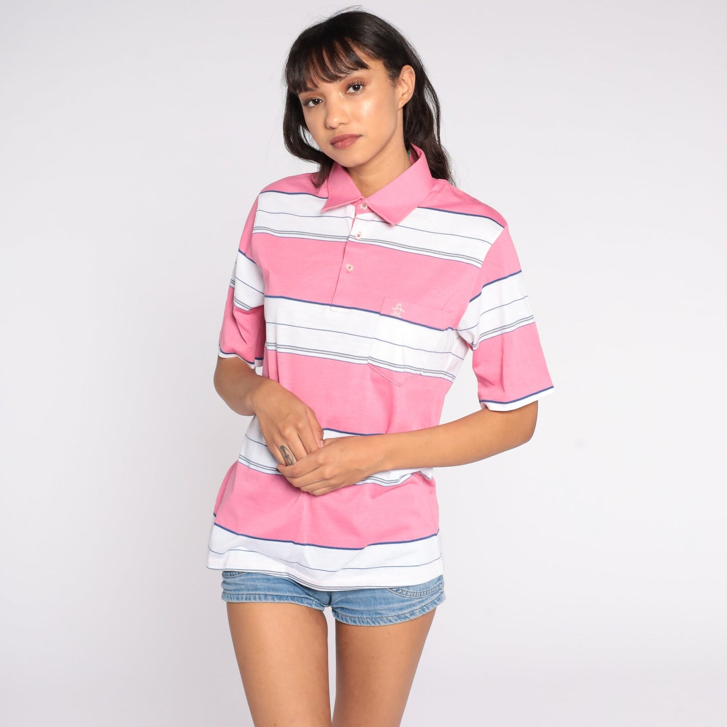 80s Munsingwear Polo Shirt Pink Striped Half-Button Cotton Medium