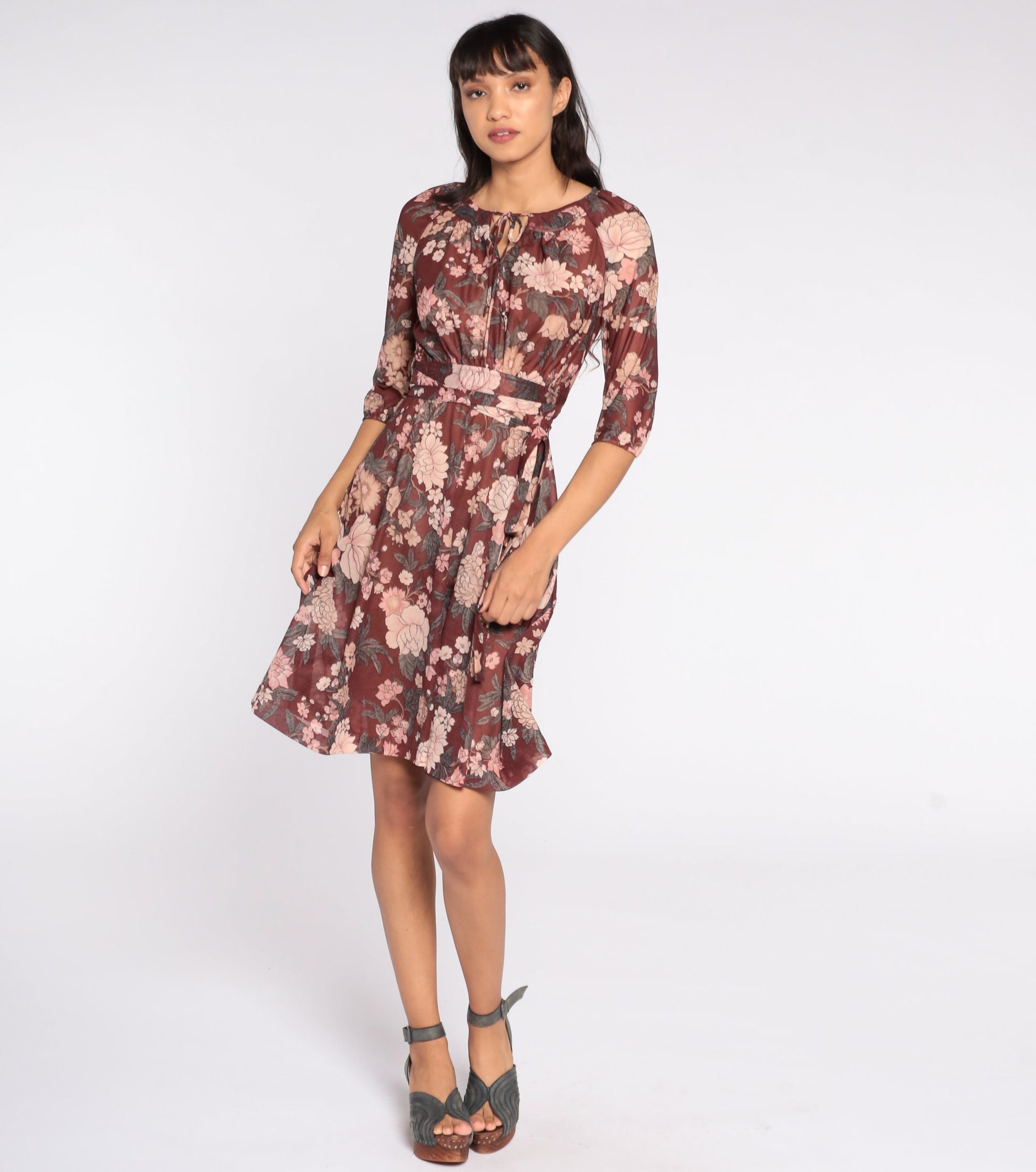70s Floral Midi Dress Brown Pink High Waist 3/4 Sleeve Keyhole Extra Small