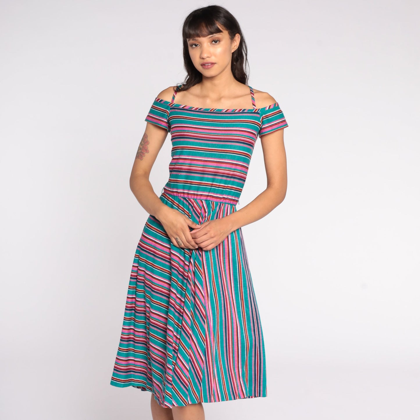 70s Teal Striped Midi Dress Off-Shoulder Criss-Cross Straps Extra Small