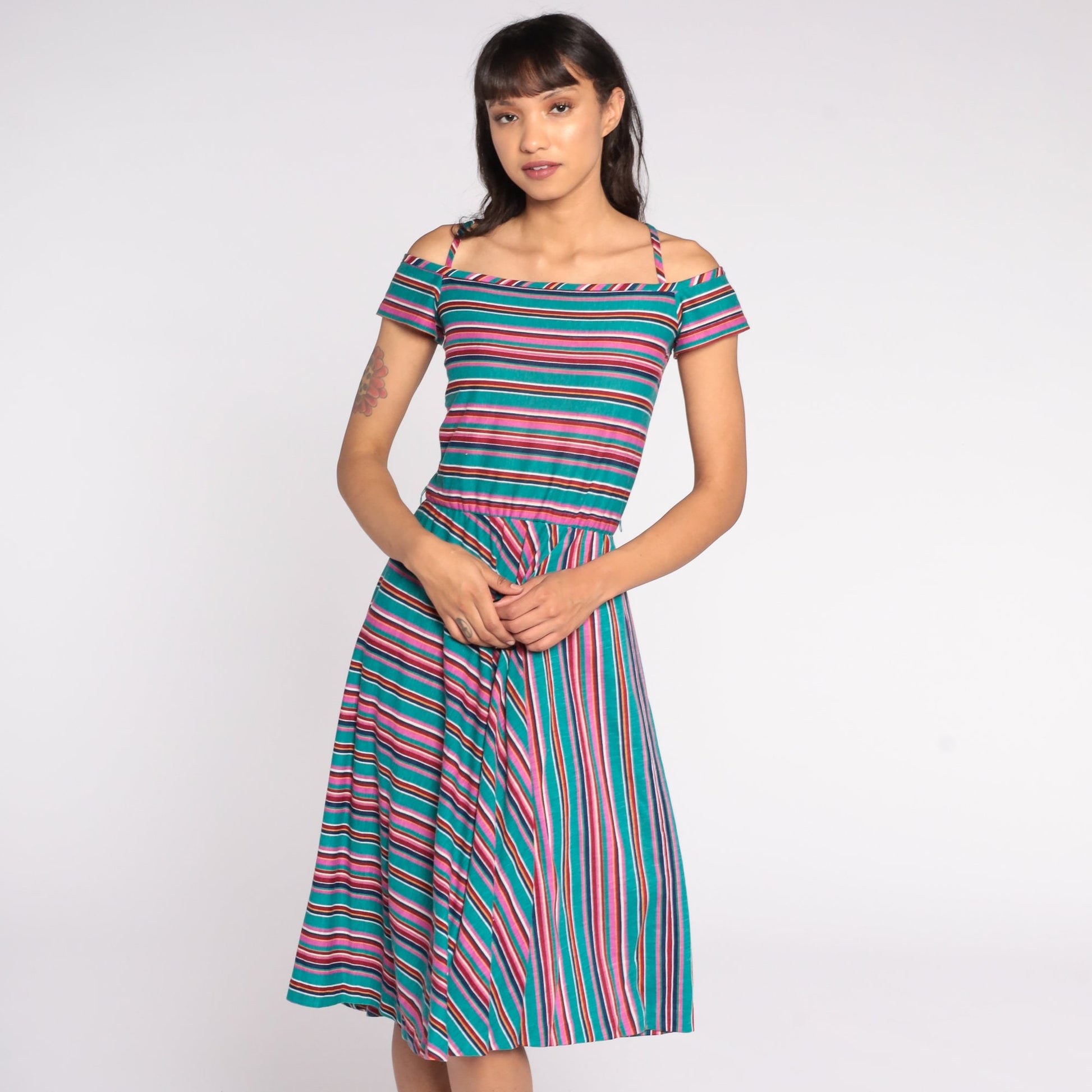 70s Teal Striped Midi Dress Off-Shoulder Criss-Cross Straps Extra Small