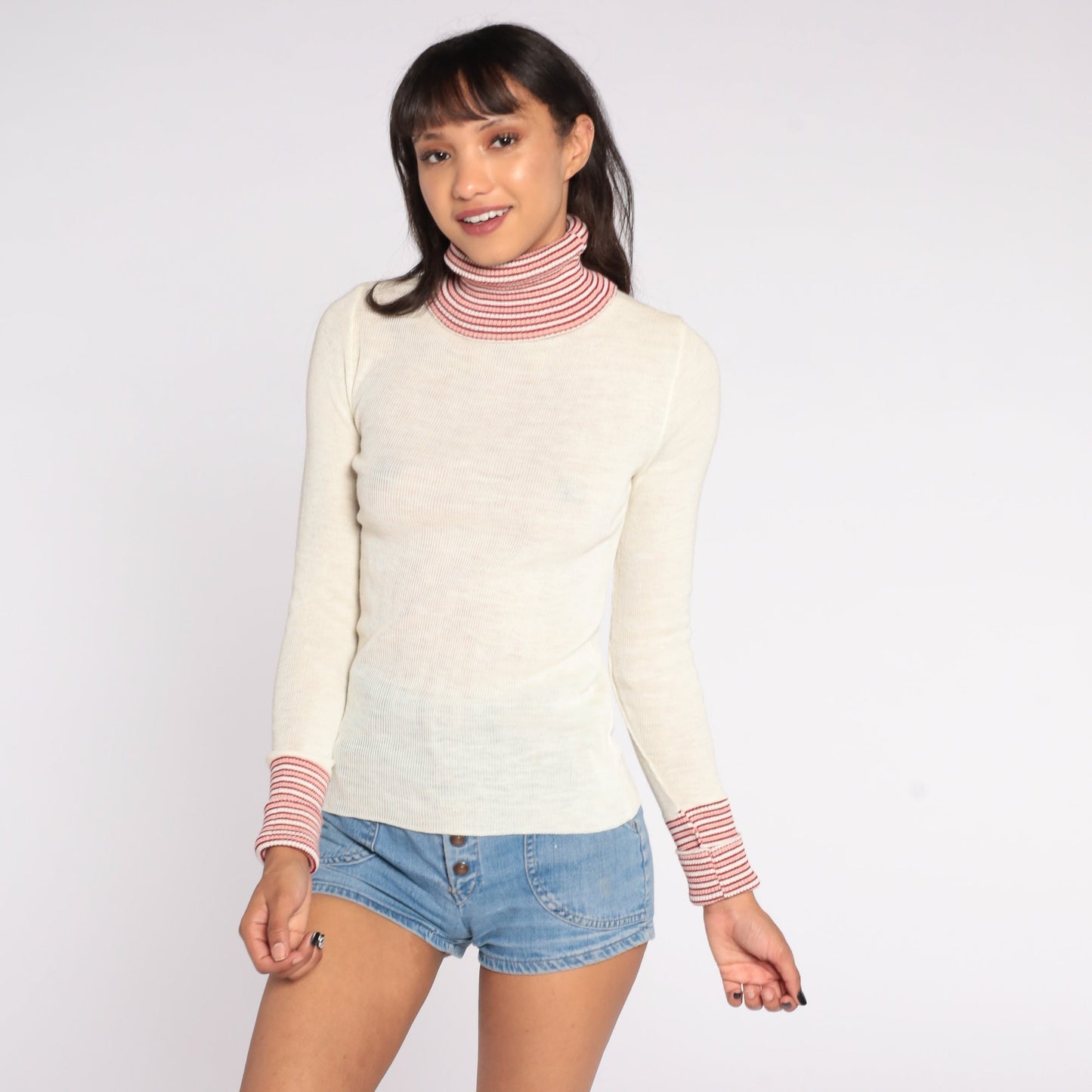 70s Striped Turtleneck Sweater Off-White Knit Pullover Small S