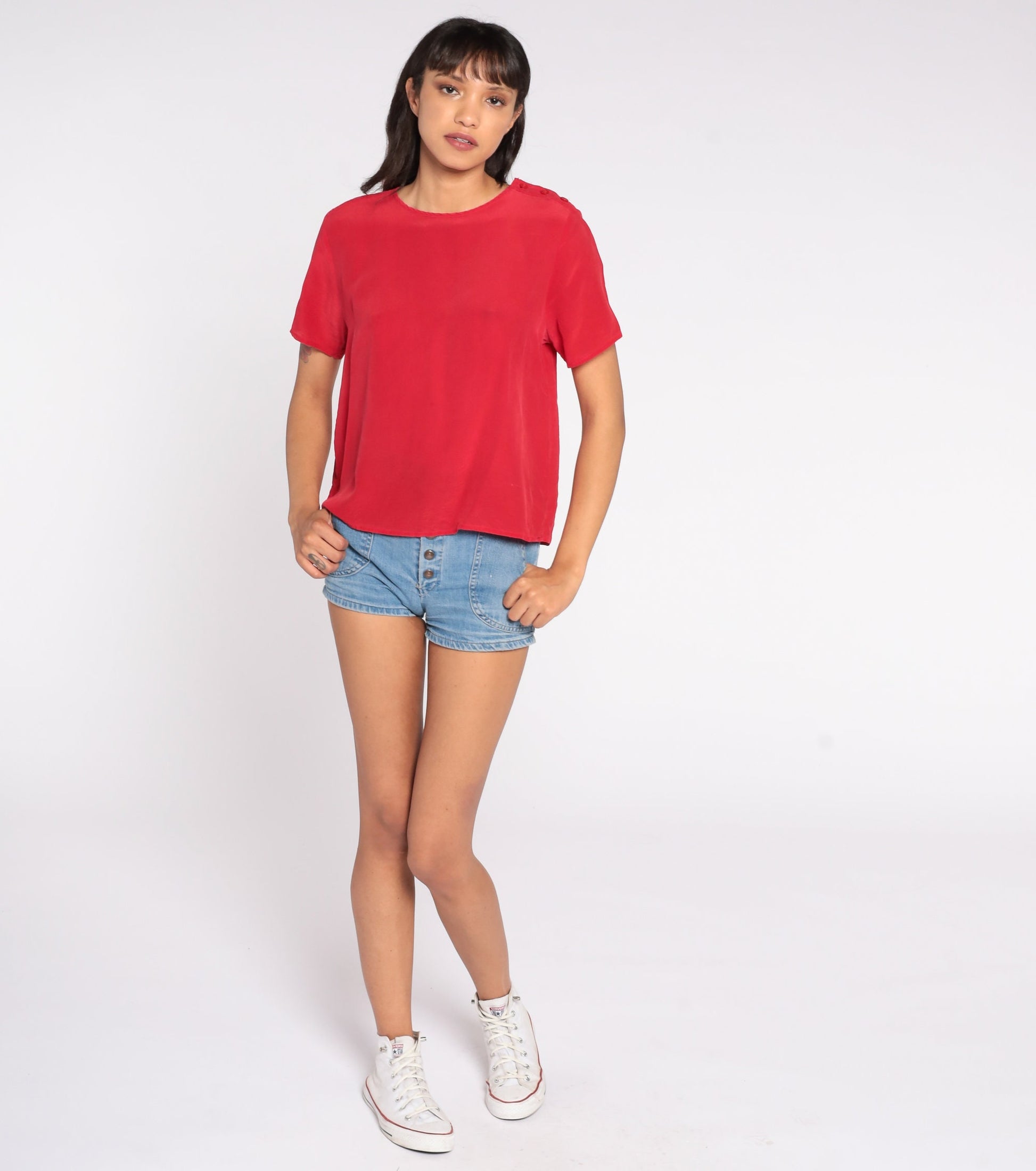 80s Red Silk Button-Up Blouse Short Sleeve Shirt Medium