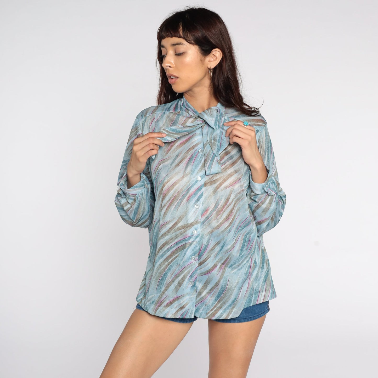 70s Sheer Ascot Blouse Blue Brushstroke Print Button-Up Long Sleeve Extra Large