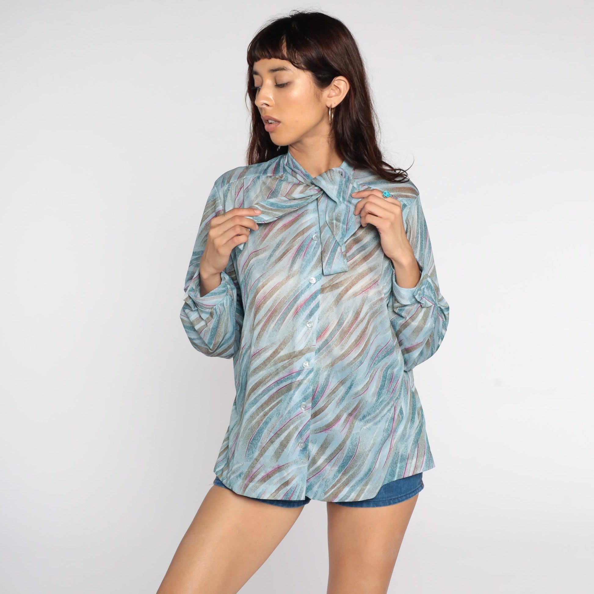 70s Sheer Ascot Blouse Blue Brushstroke Print Button-Up Long Sleeve Extra Large