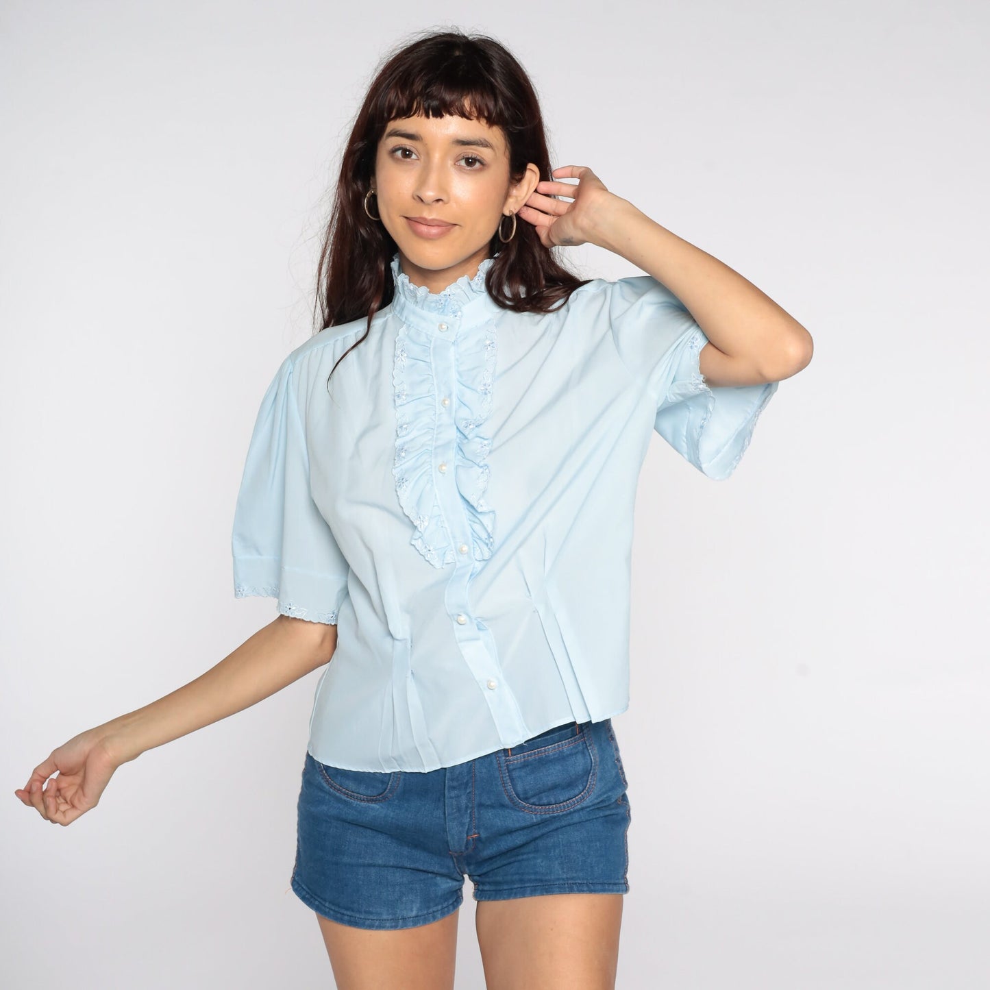 80s Baby Blue Ruffle Tuxedo Blouse Short Sleeve Button Up Eyelet Extra Large