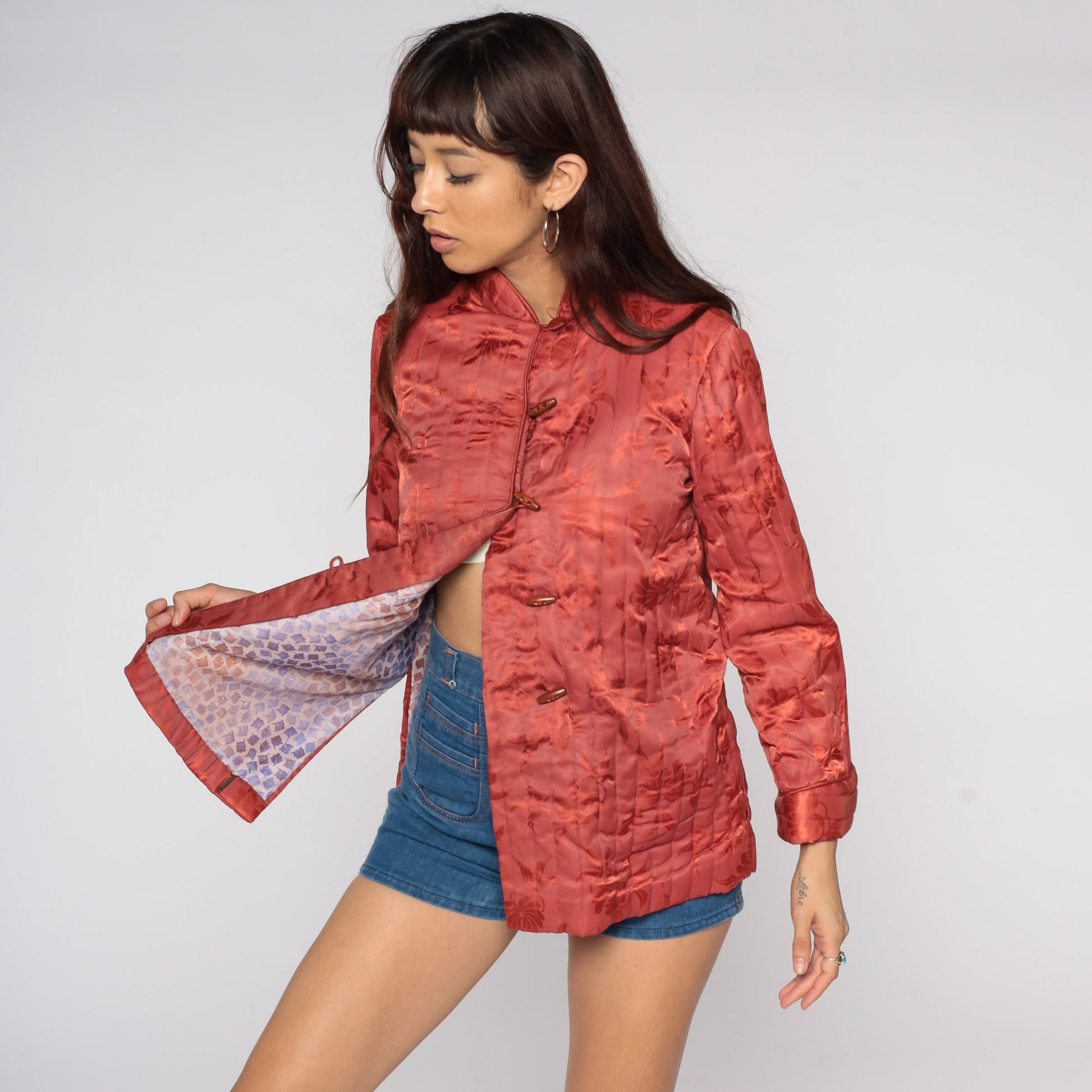 70s Red Floral Quilted Jacket Toggle Button Small