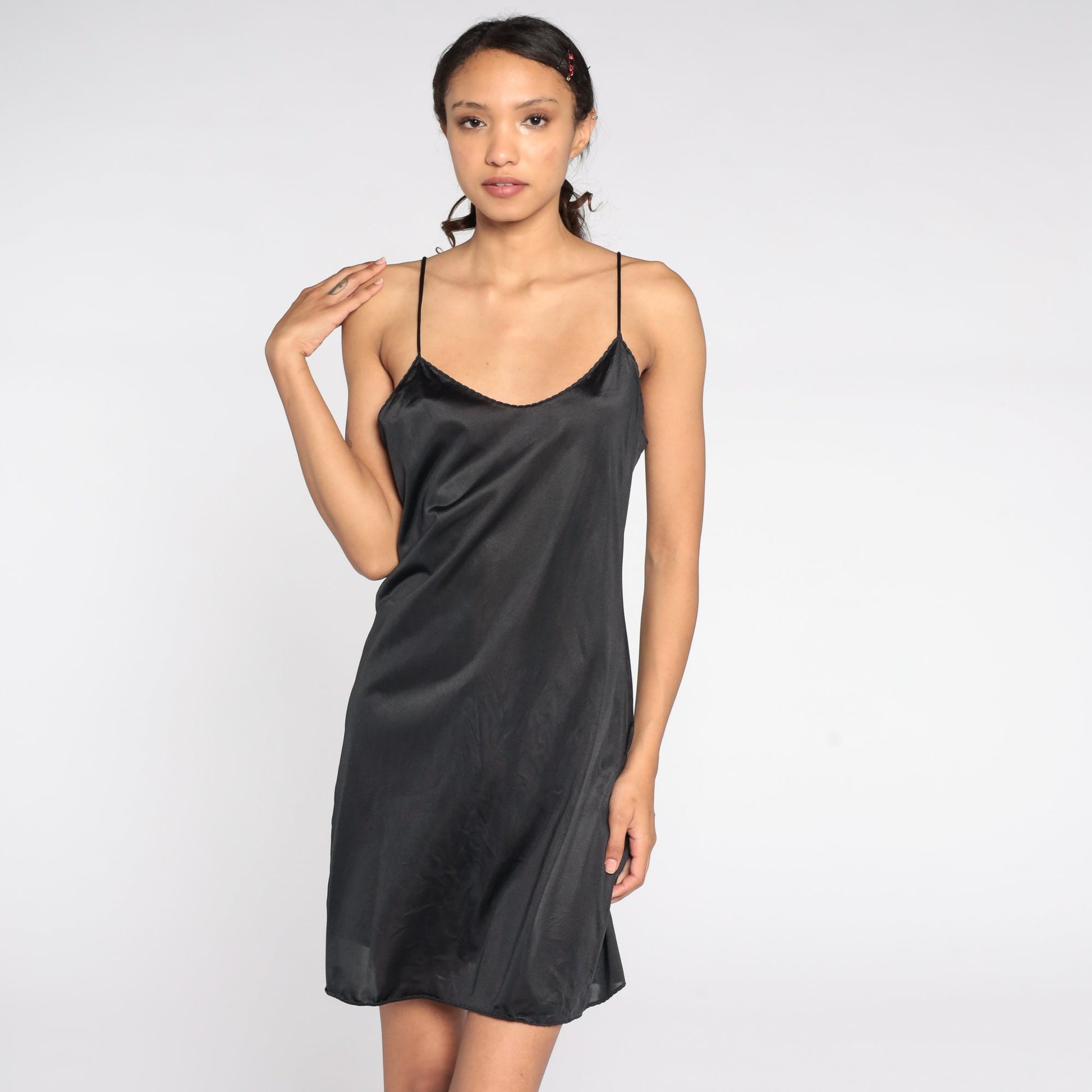 Y2K Black Slip Dress Spaghetti Strap Nightgown 00s Vintage Medium